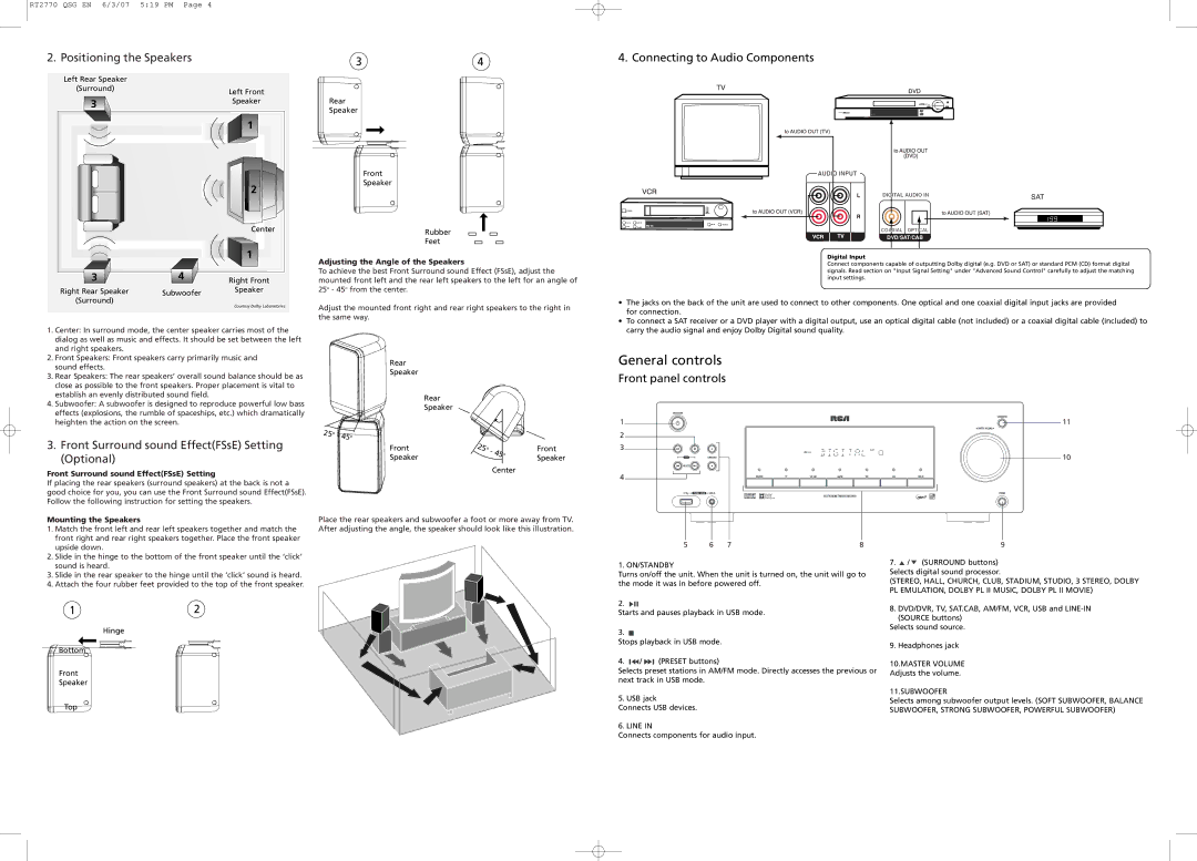 RCA RT2770 quick start Connecting to Audio Components, Front panel controls, Adjusting the Angle of the Speakers 