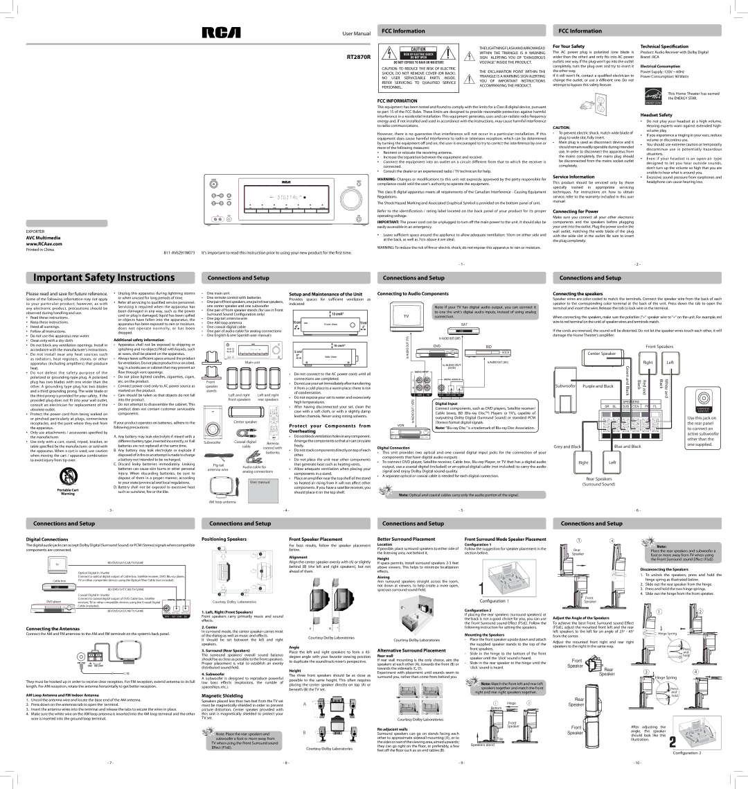 RCA RT2870R important safety instructions For Your Safety, Service Information Technical Specification, Headset Safety 