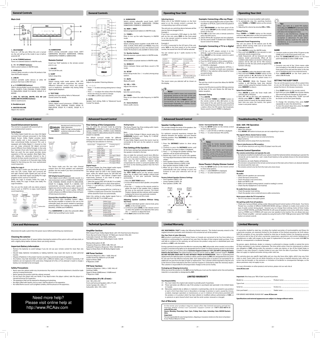 RCA RT2870R Main Unit, Example Connecting a TV to a digital input, Remote Control, Sound Enhancement Systems, General 