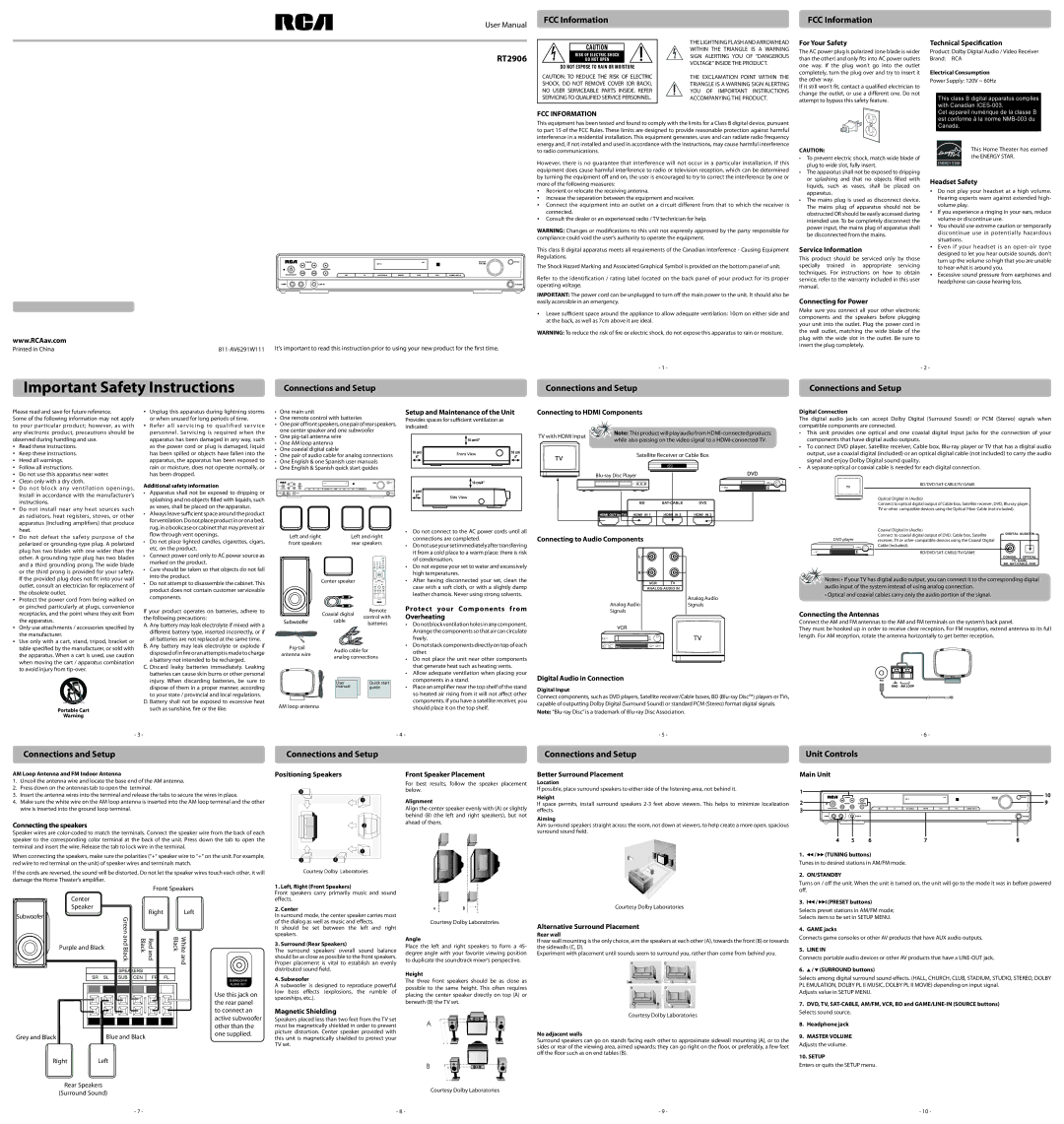 RCA RT2906 important safety instructions For Your Safety Technical Specification, Service Information, Headset Safety 