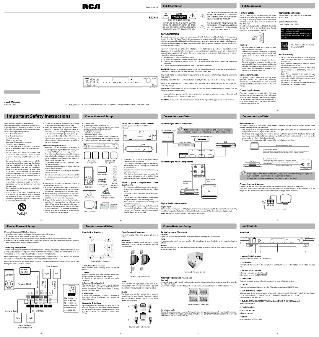 RCA RT2910 important safety instructions For Your Safety Technical Specification, Service Information, Headset Safety 