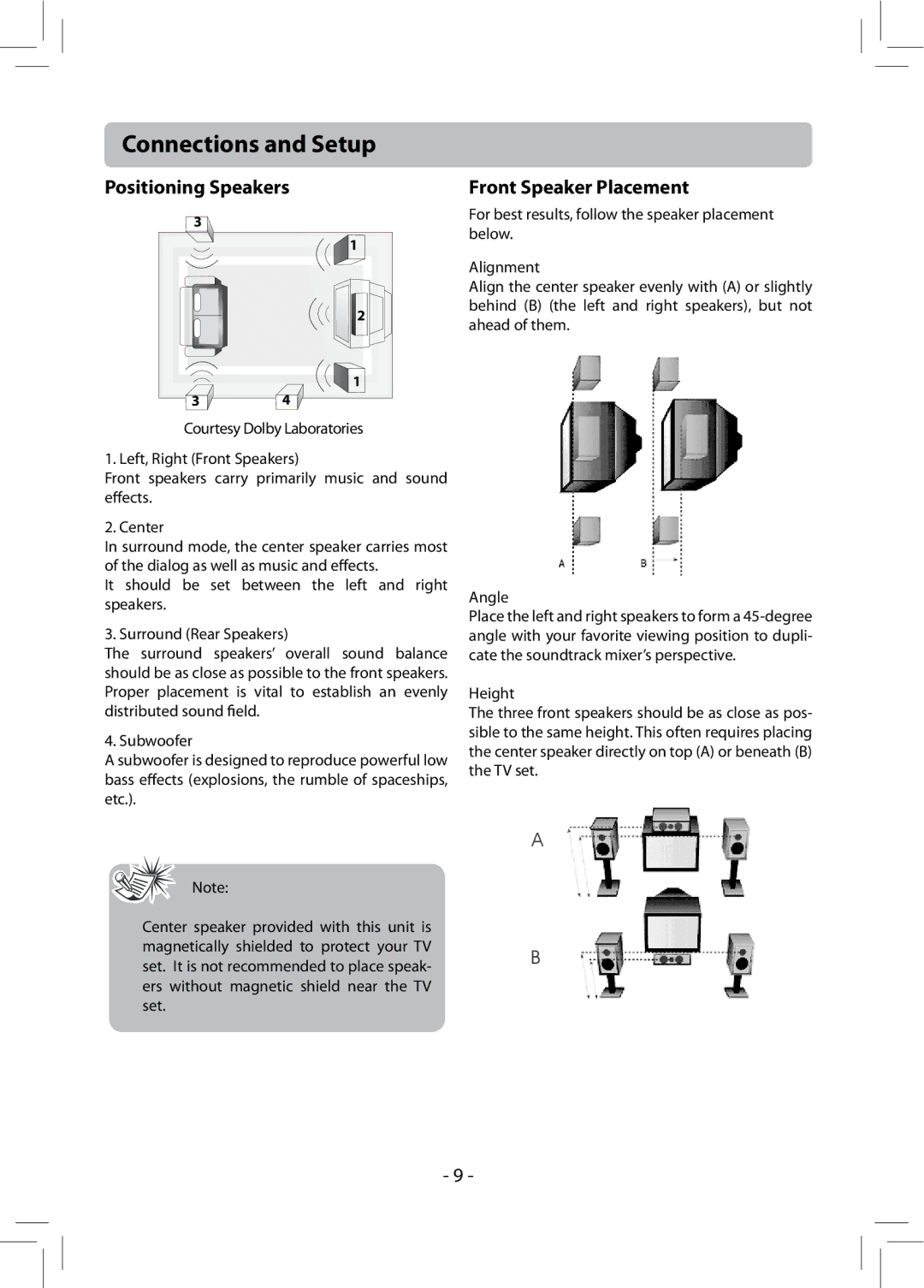 RCA RTB1013 user manual Positioning Speakers, Front Speaker Placement 