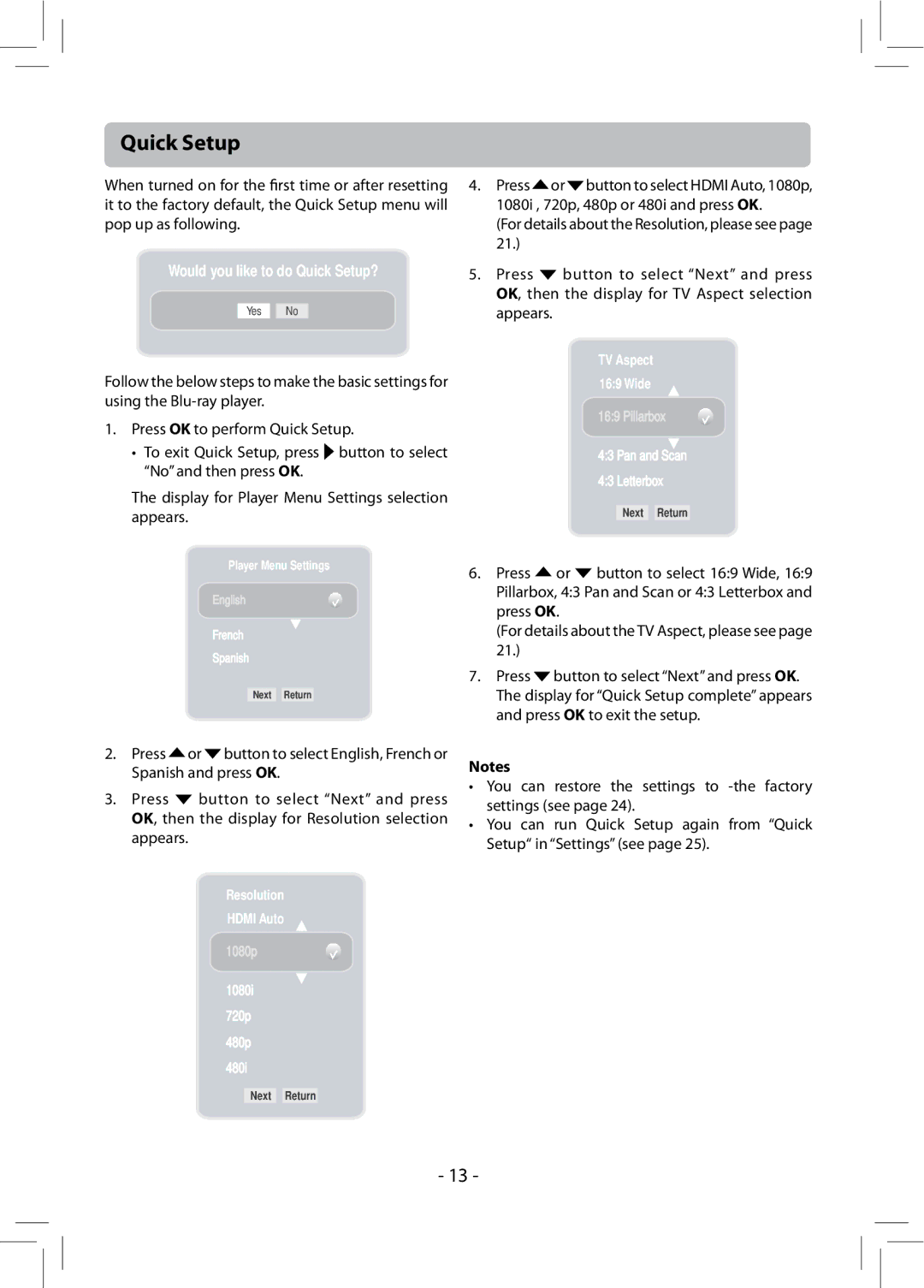 RCA RTB1013 user manual Quick Setup, 1080i 720p 480p 480i 