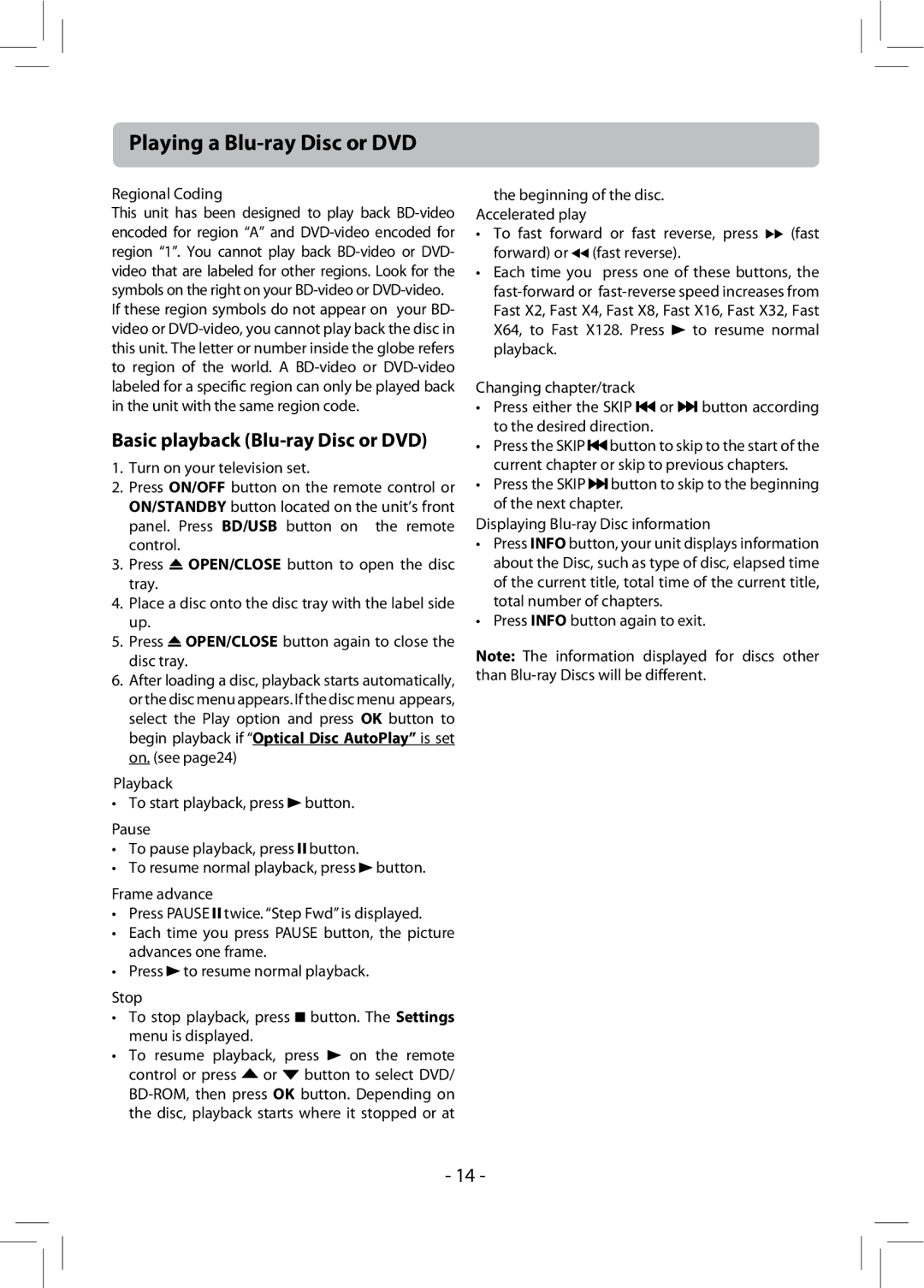 RCA RTB1013 user manual Playing a Blu-ray Disc or DVD, Basic playback Blu-ray Disc or DVD, Regional Coding 