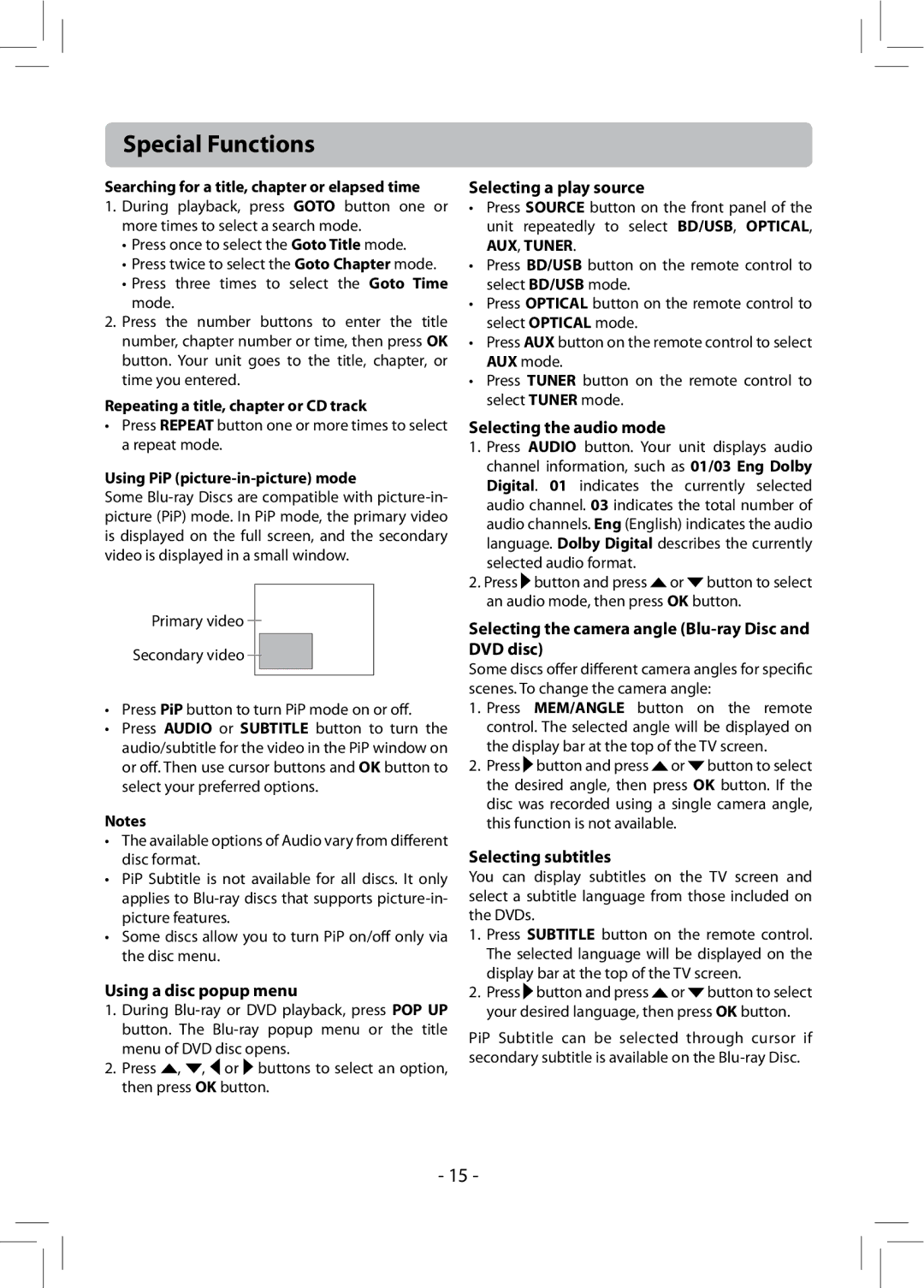 RCA RTB1013 user manual Special Functions 