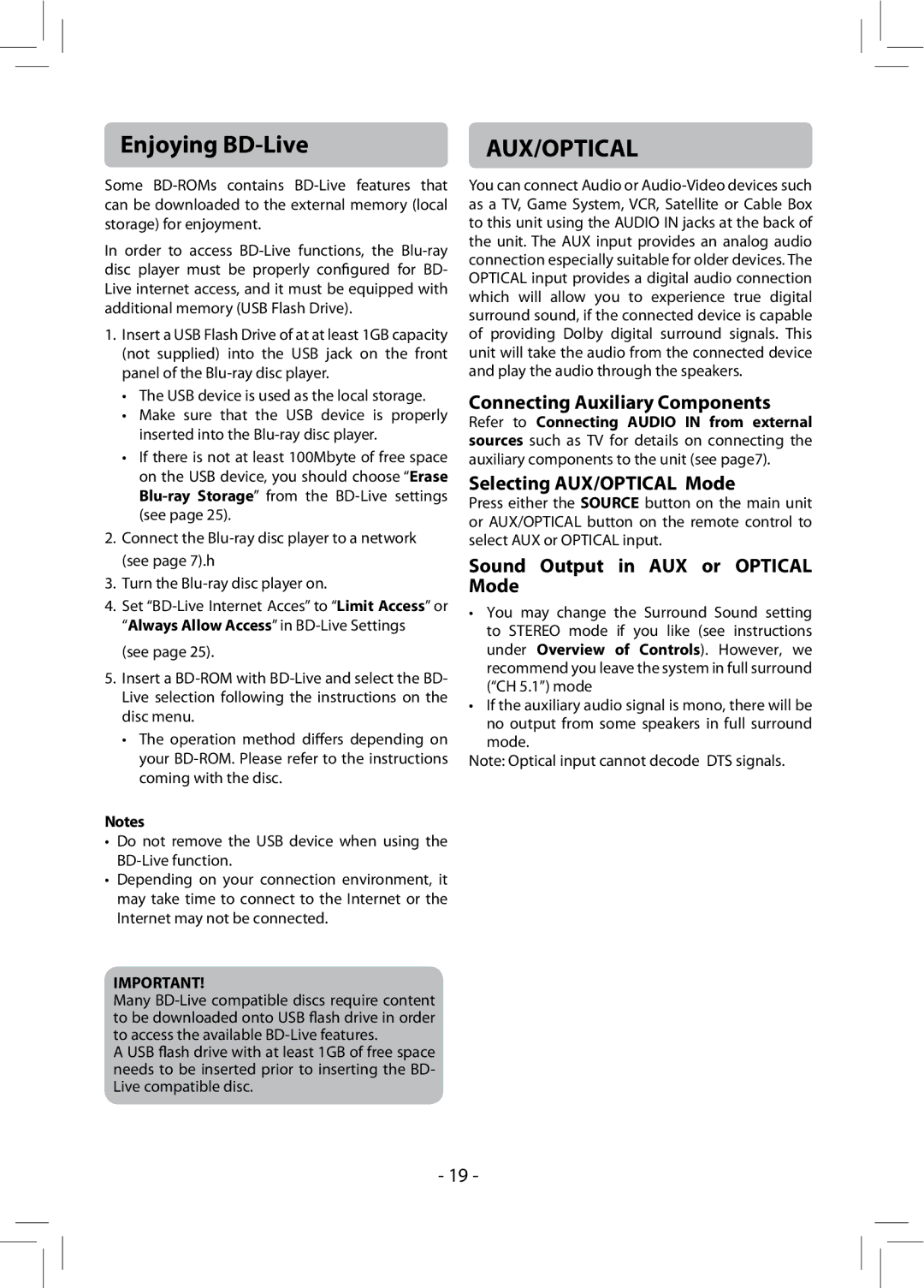 RCA RTB1013 user manual Enjoying BD-Live, Connecting Auxiliary Components, Selecting AUX/OPTICAL Mode 