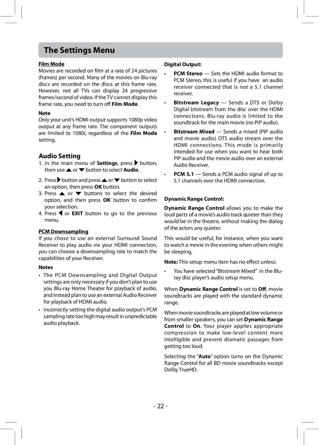 RCA RTB1013 user manual Audio Setting, Film Mode, PCM Downsampling, Digital Output, Dynamic Range Control 