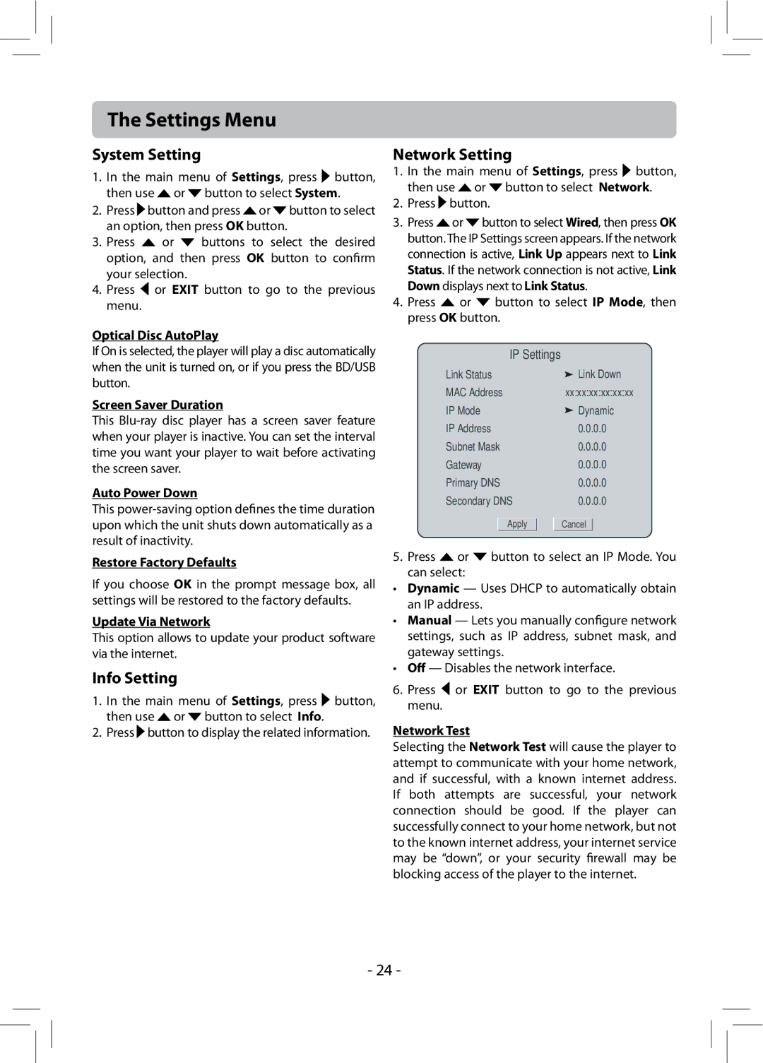 RCA RTB1013 user manual System Setting, Info Setting, Network Setting 