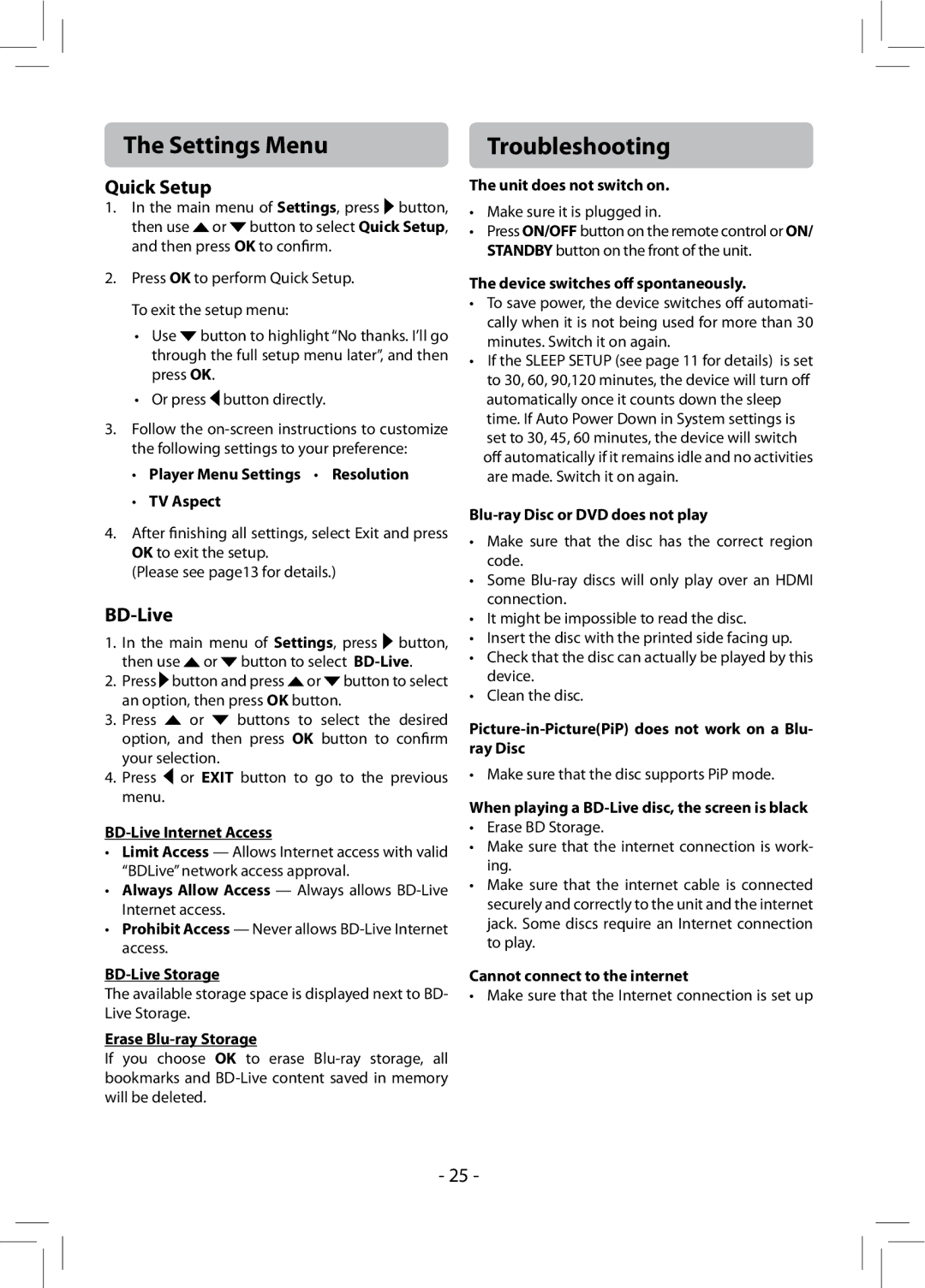 RCA RTB1013 user manual Troubleshooting, Quick Setup, BD-Live 