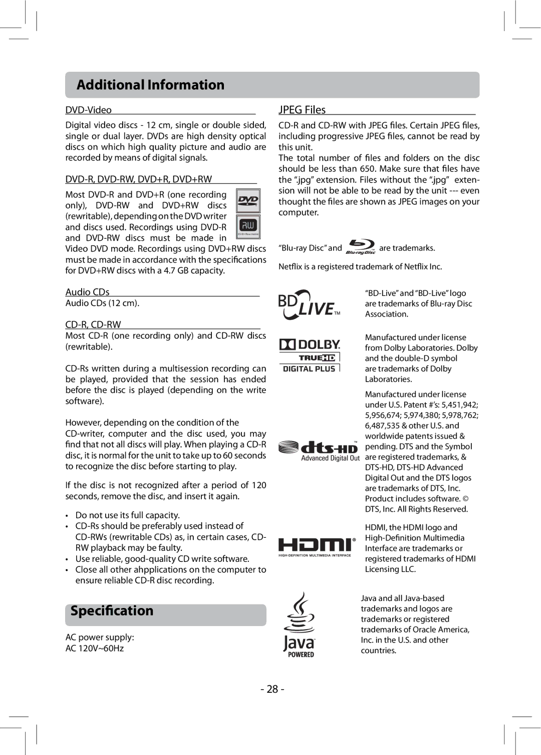 RCA RTB1013 user manual Specification 