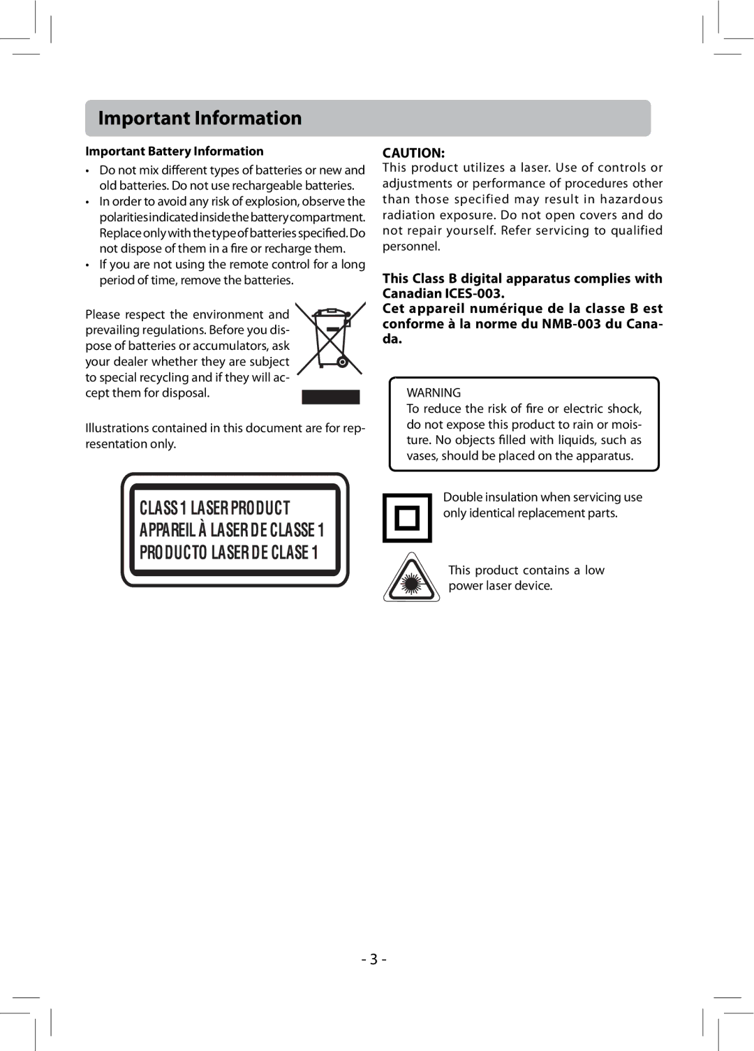 RCA RTB1013 user manual Important Battery Information, This product contains a low power laser device 