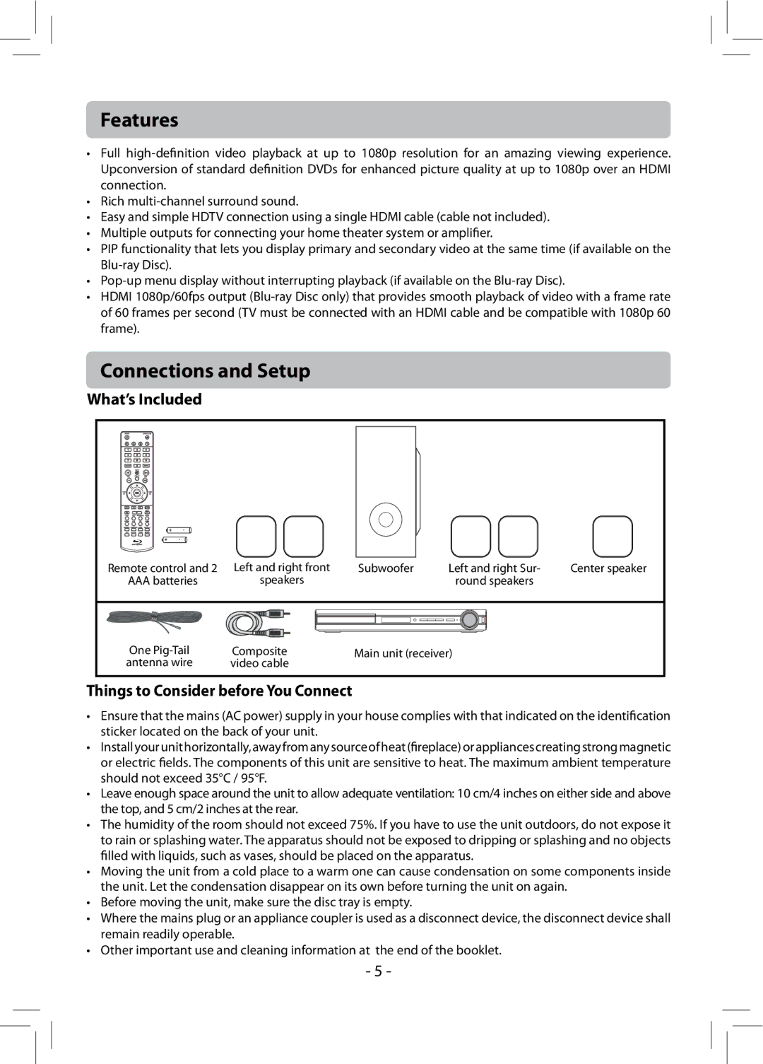 RCA RTB1013 user manual Features, Connections and Setup, What’s Included, Things to Consider before You Connect 