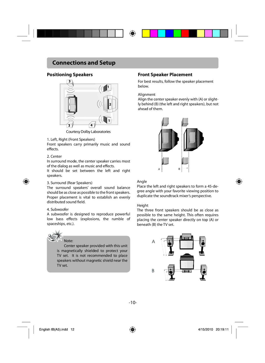 RCA RTB1100 user manual Positioning Speakers, Front Speaker Placement, Angle, Height 