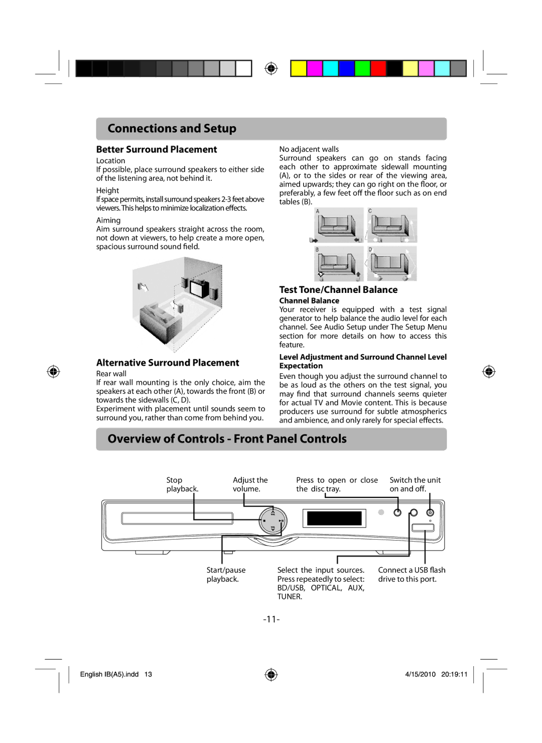 RCA RTB1100 Overview of Controls Front Panel Controls, Better Surround Placement, Alternative Surround Placement 