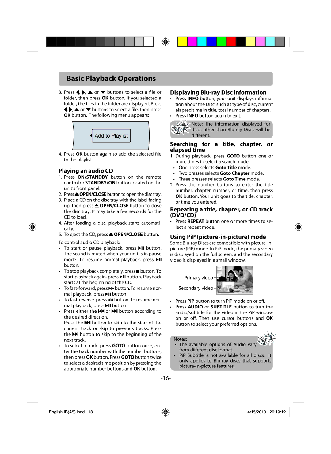 RCA RTB1100 Playing an audio CD, Displaying Blu-ray Disc information, Searching for a title, chapter, or elapsed time 