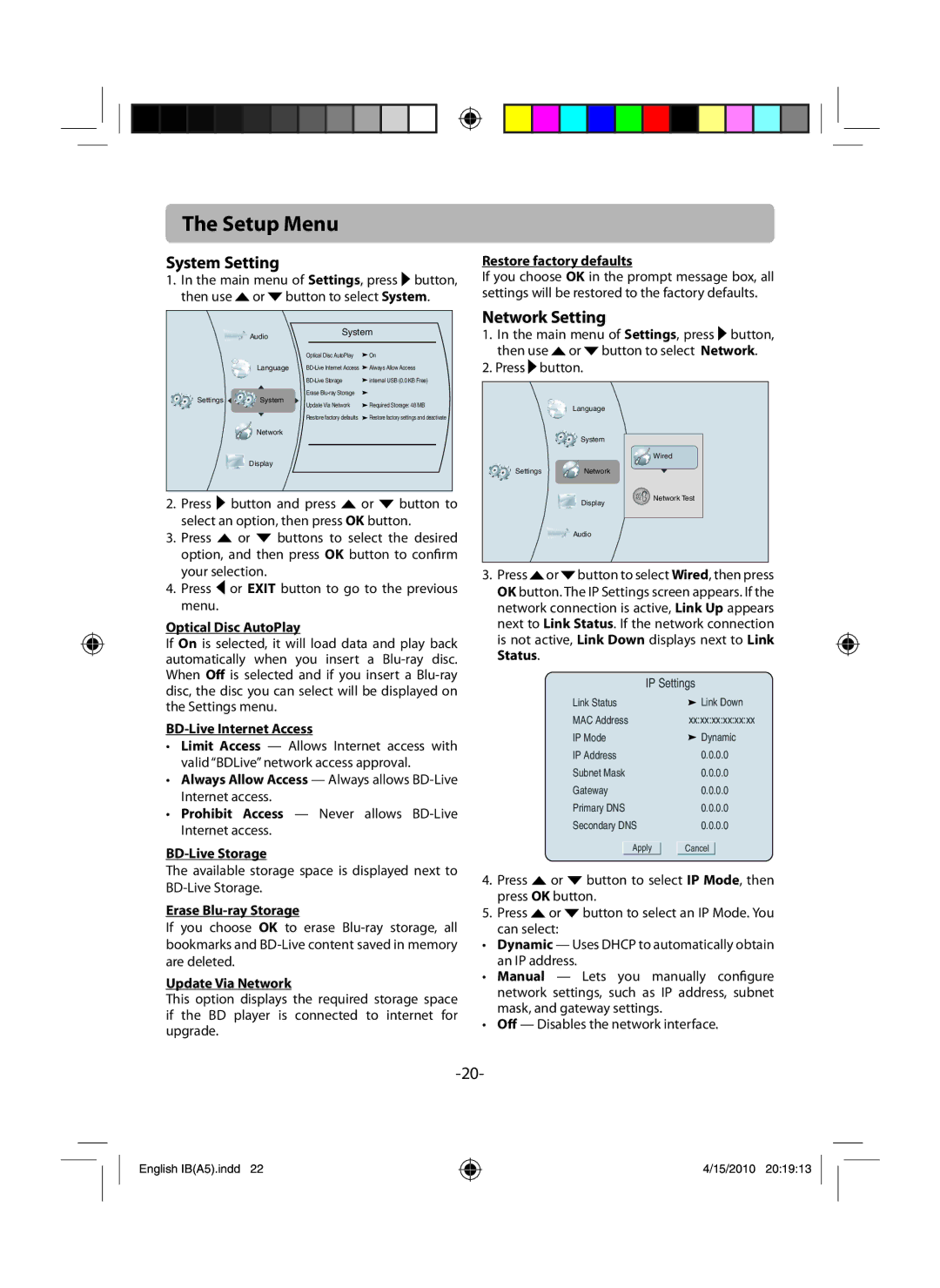 RCA RTB1100 user manual System Setting, Network Setting 