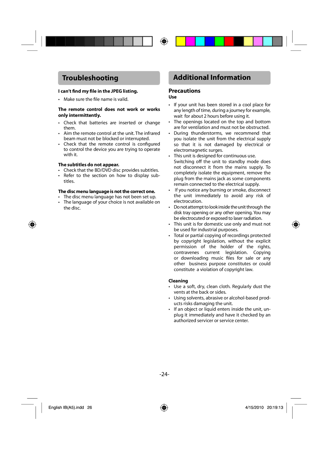 RCA RTB1100 user manual Additional Information, Precautions 