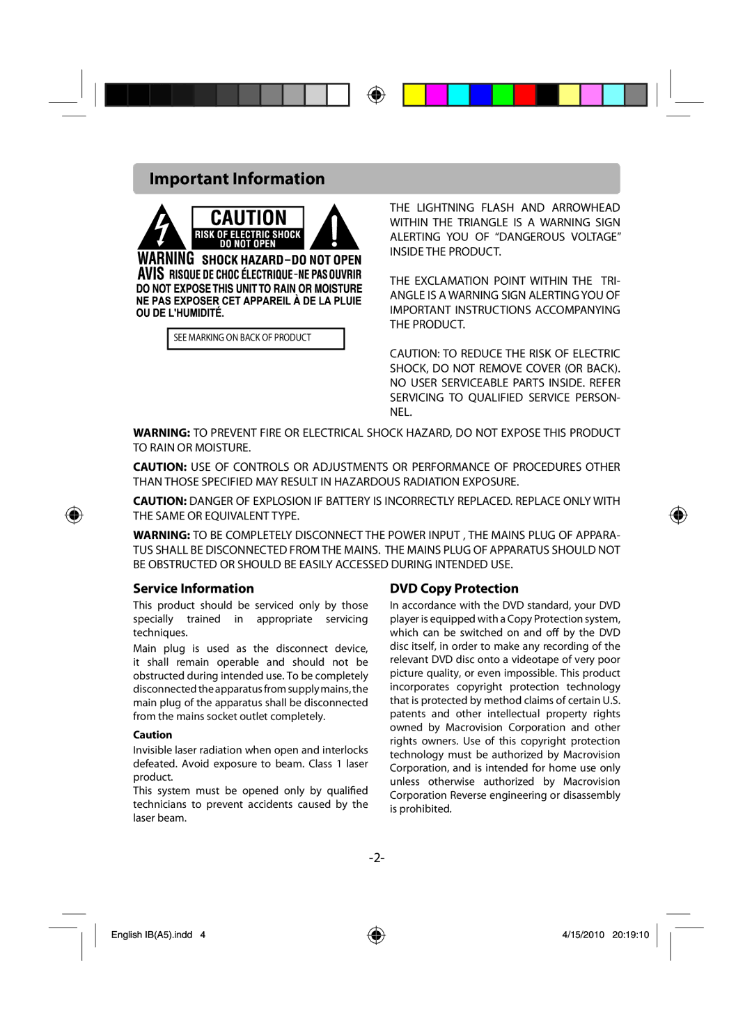 RCA RTB1100 user manual Important Information, Service Information, DVD Copy Protection 