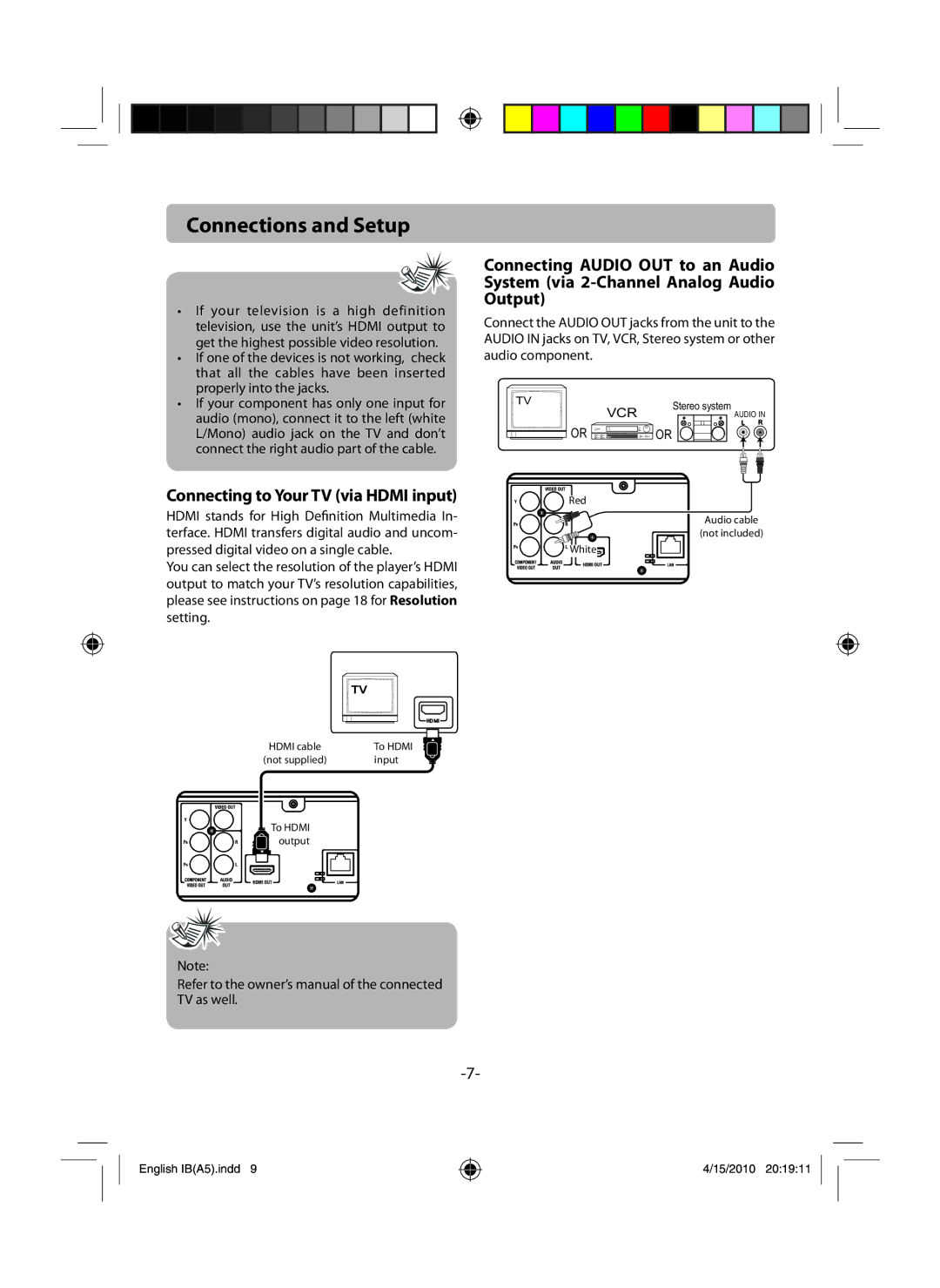 RCA RTB1100 user manual Connecting to Your TV via Hdmi input 