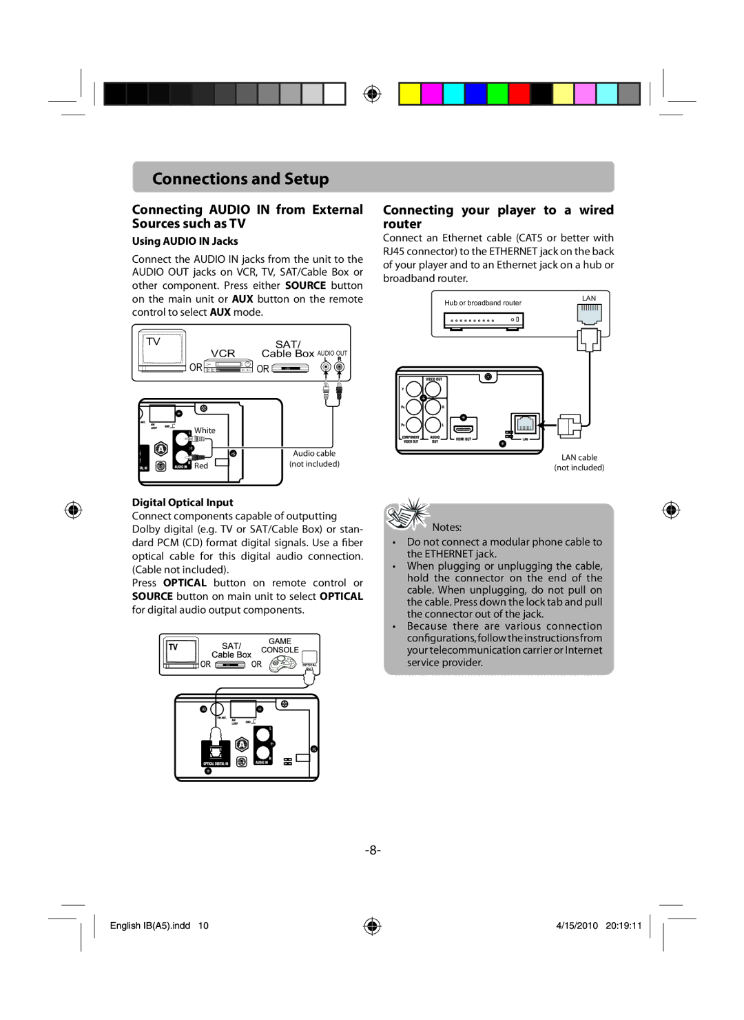 RCA RTB1100 user manual Connecting Audio in from External Sources such as TV, Connecting your player to a wired router 