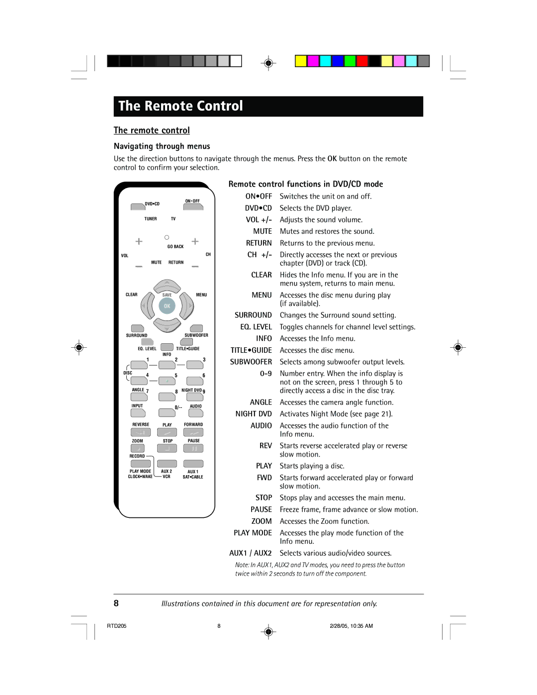 RCA RTD205 manual Remote Control, Navigating through menus, Remote control functions in DVD/CD mode 