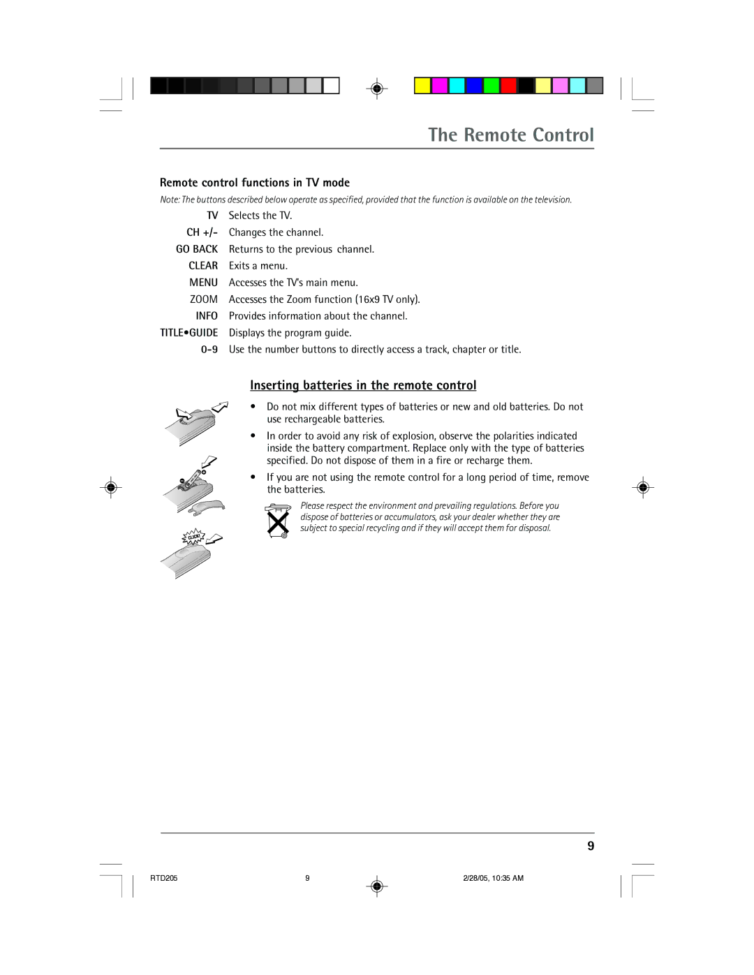 RCA RTD205 manual Remote Control, Inserting batteries in the remote control, Remote control functions in TV mode 