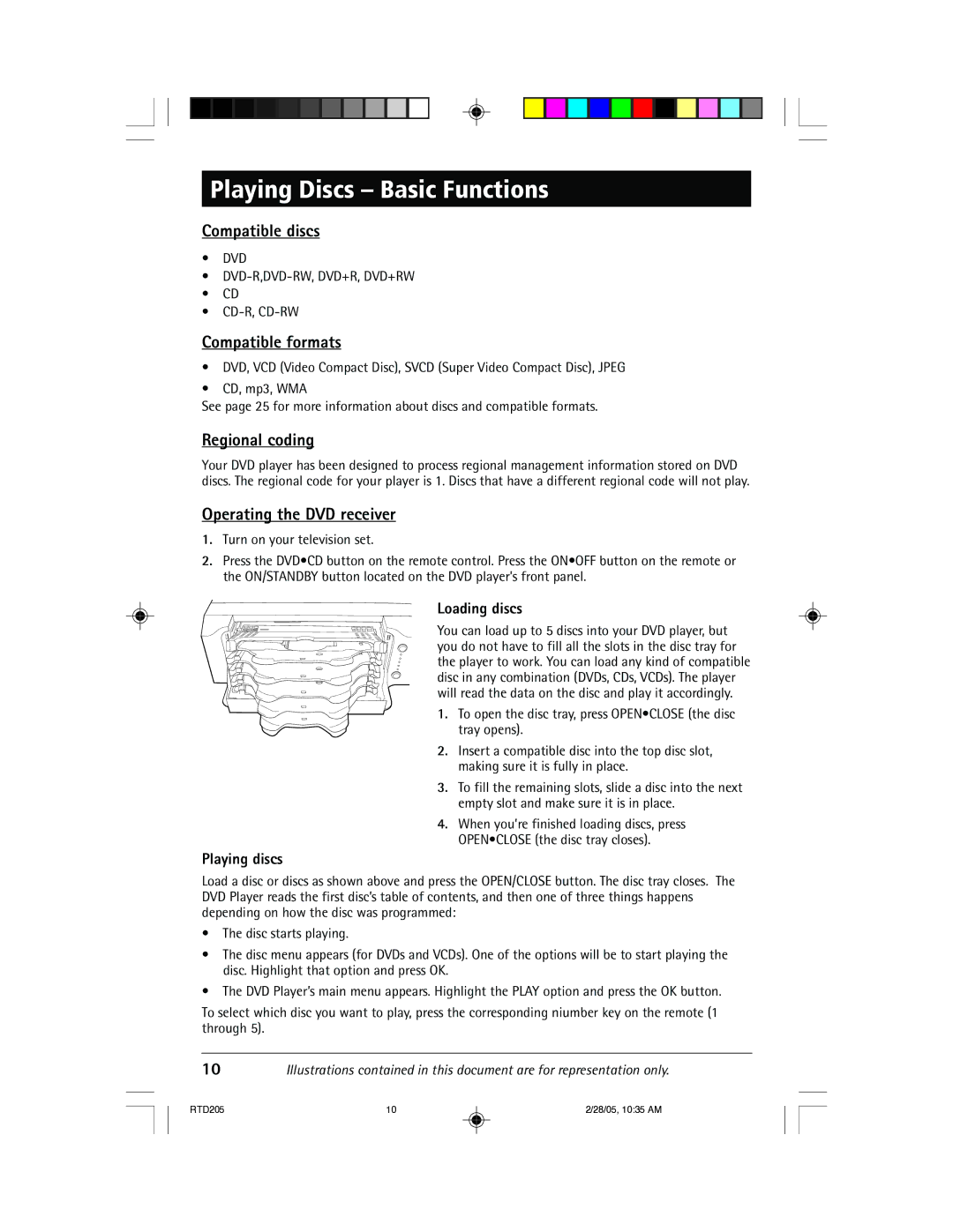 RCA RTD205 manual Playing Discs Basic Functions, Compatible discs, Compatible formats, Regional coding 