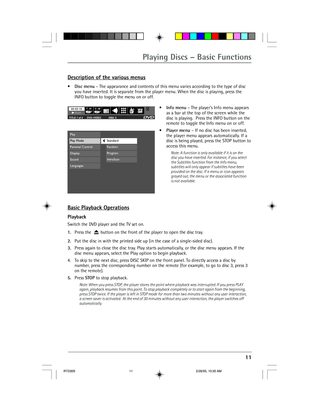 RCA RTD205 manual Playing Discs Basic Functions, Description of the various menus, Basic Playback Operations 