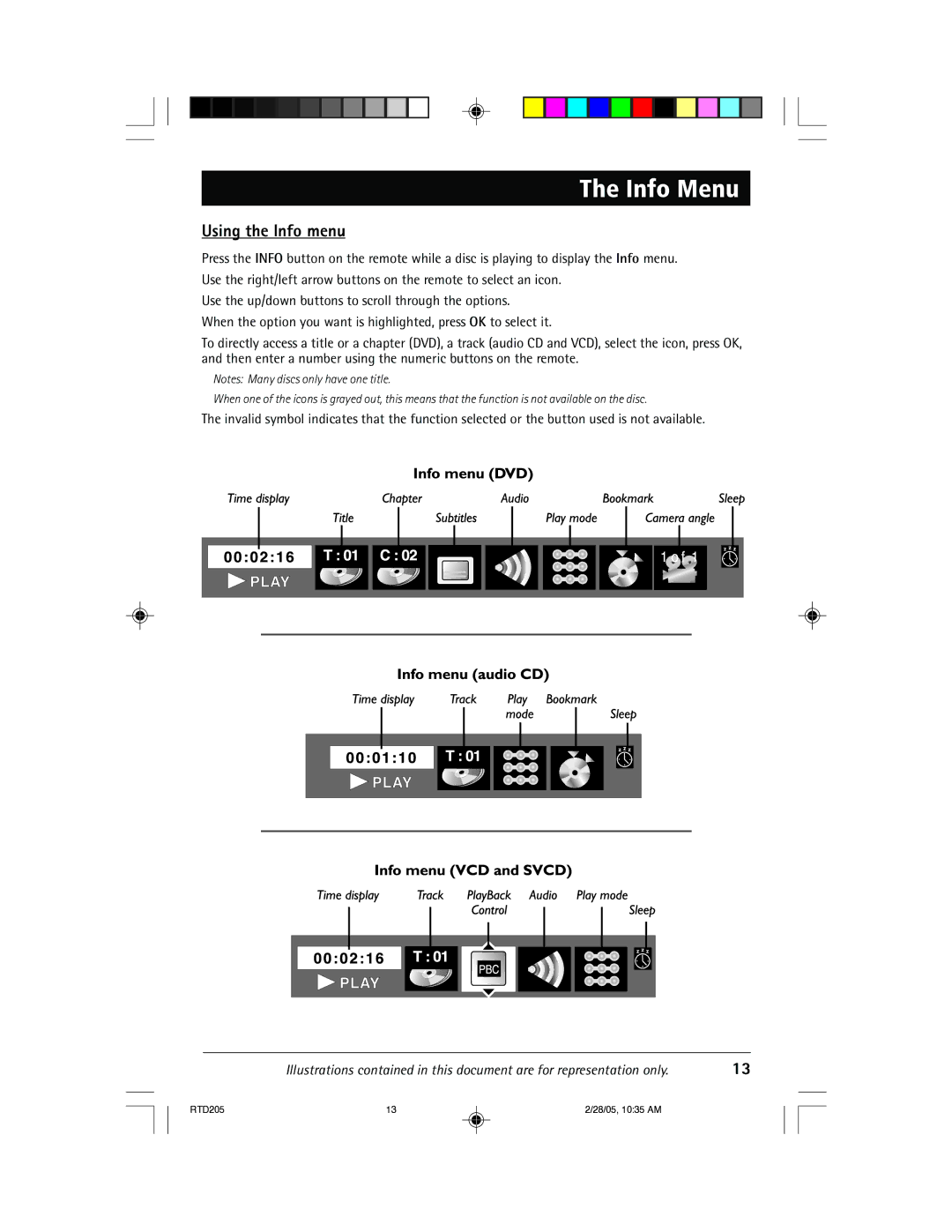 RCA RTD205 manual Info Menu, Using the Info menu 