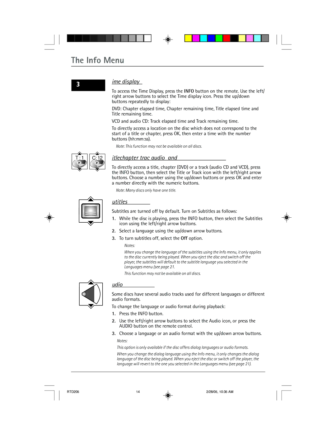 RCA RTD205 manual Info Menu, Time display, Title/chapter DVD/track audio CD and VCD, Subtitles DVD, Audio DVD,VCD 