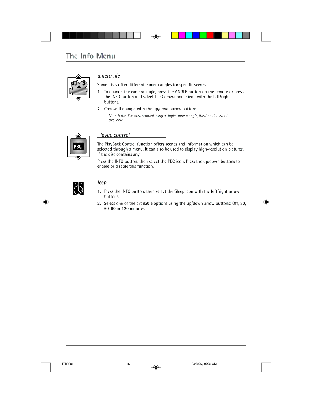 RCA RTD205 manual Camera Angle DVD, PBC PlayBack control VCD, Sleep 