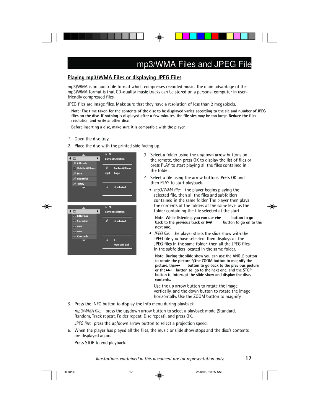 RCA RTD205 manual Mp3/WMA Files and Jpeg Files, Playing mp3/WMA Files or displaying Jpeg Files 