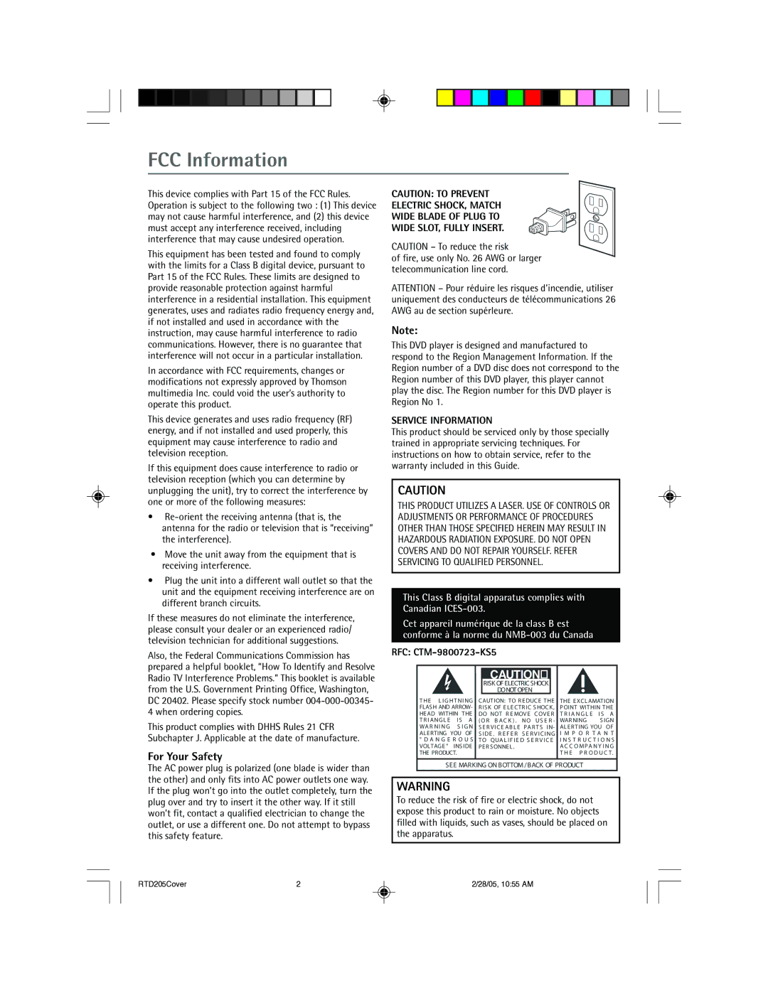 RCA RTD205 manual FCC Information, For Your Safety, RFC CTM-9800723-KS5 