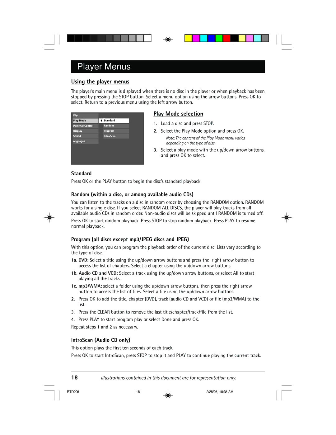 RCA RTD205 manual Player Menus, Using the player menus, Play Mode selection 