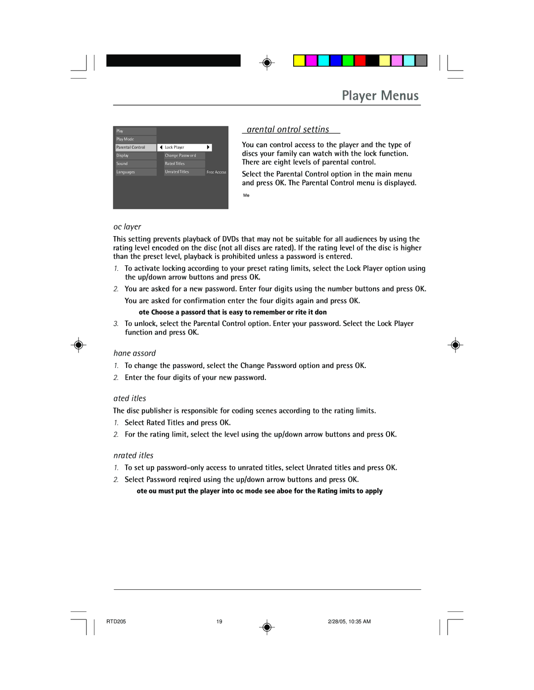 RCA RTD205 manual Player Menus, Parental Control settings 