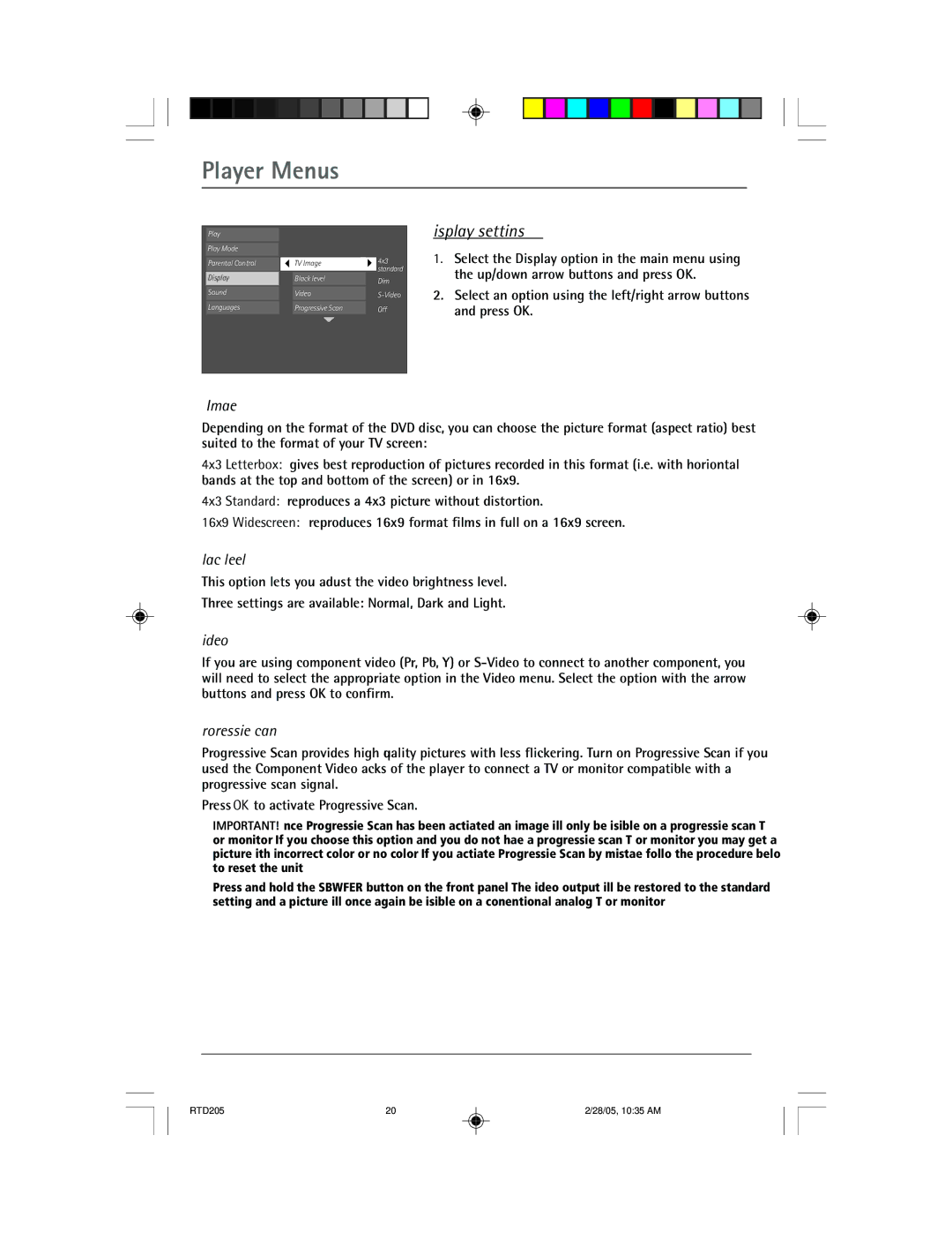 RCA RTD205 manual Display settings, TV Image, Black level, Video, Progressive Scan 