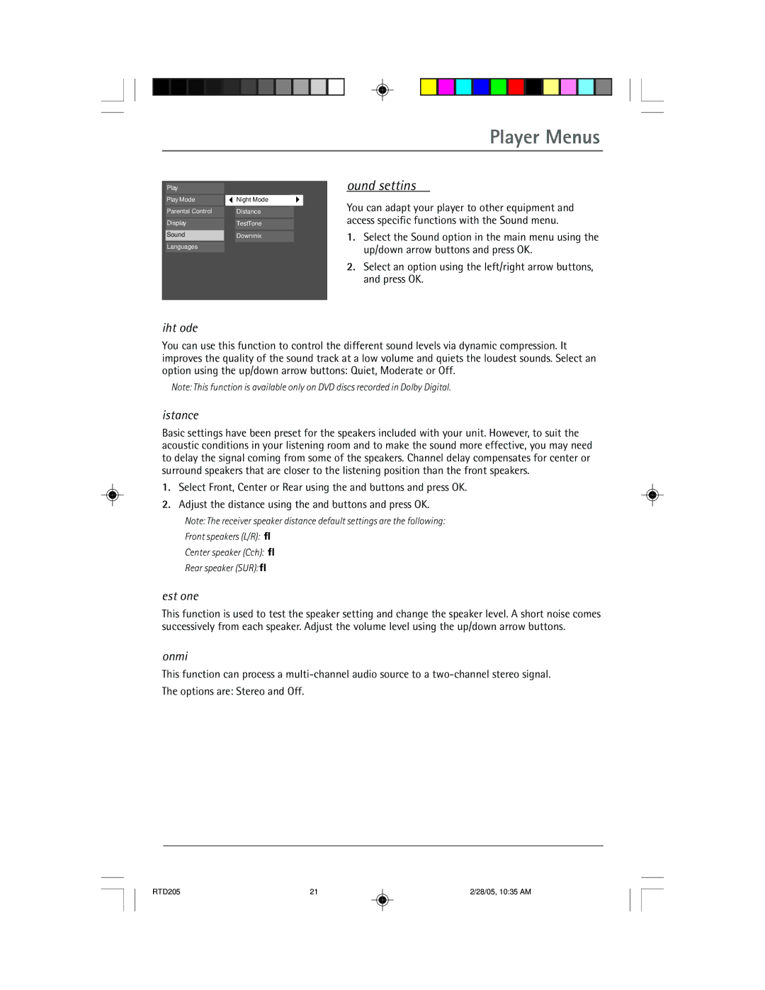 RCA RTD205 manual Sound settings, Night Mode, Distance, Test Tone, Downmix 