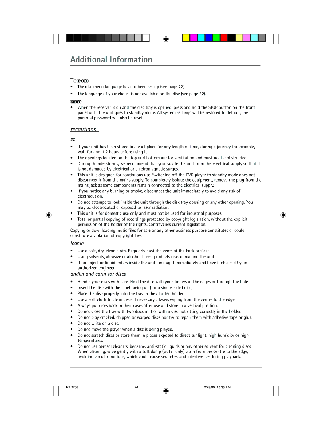 RCA RTD205 manual Additional Information, Precautions, Use, Cleaning, Handling and caring for discs 