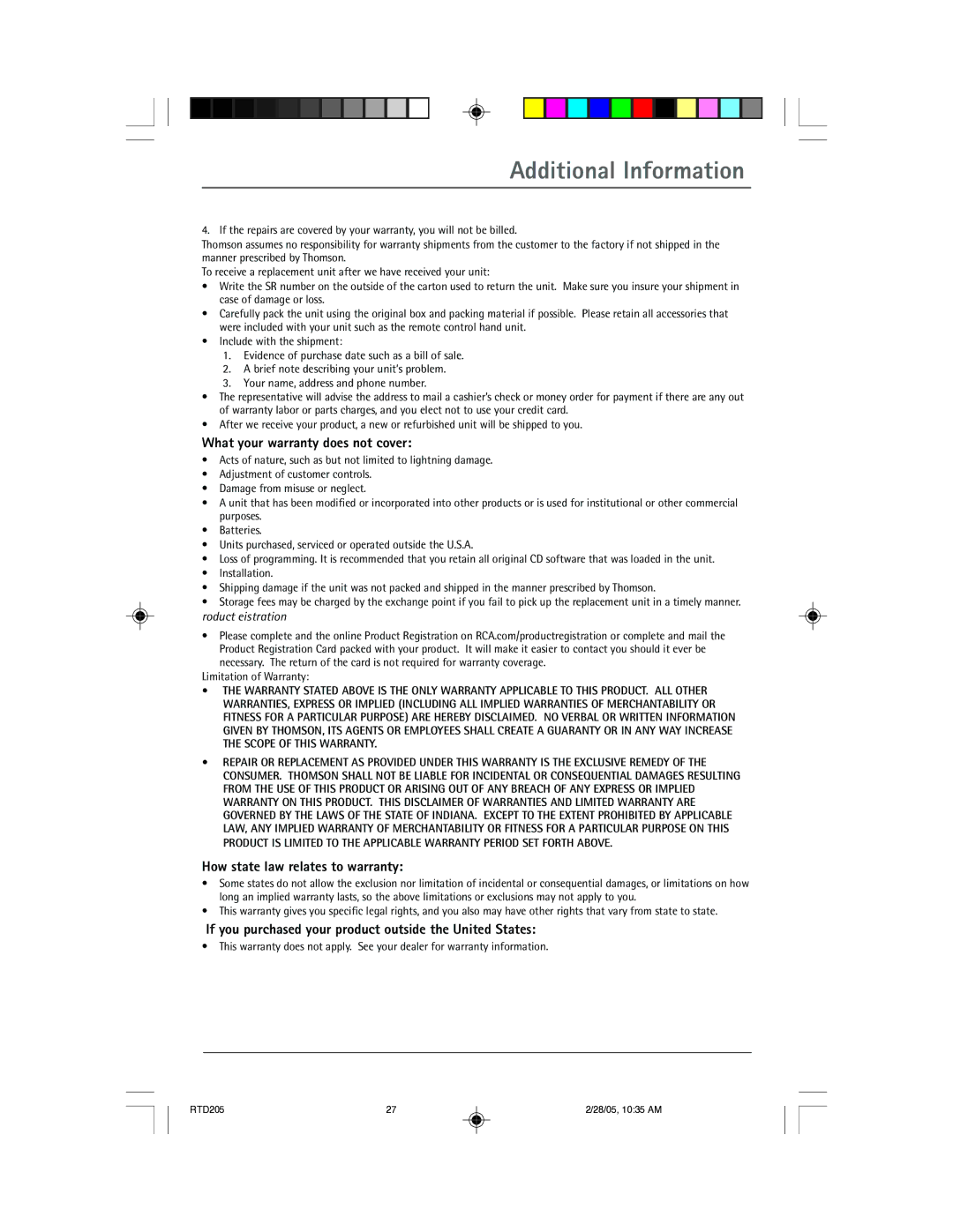 RCA RTD205 manual What your warranty does not cover, How state law relates to warranty, Product Registration 