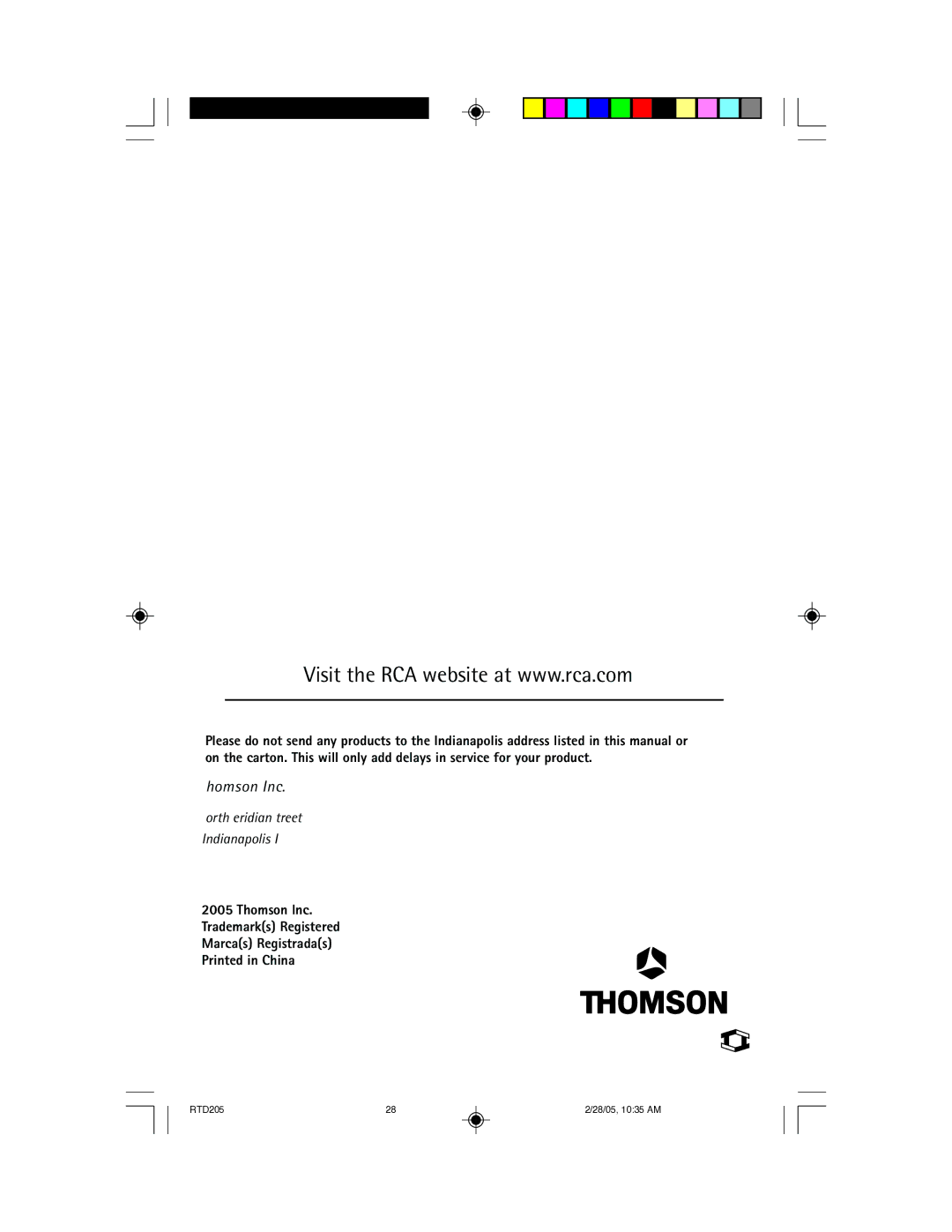 RCA RTD205 manual Thomson Inc, North Meridian Street Indianapolis, Tocom 