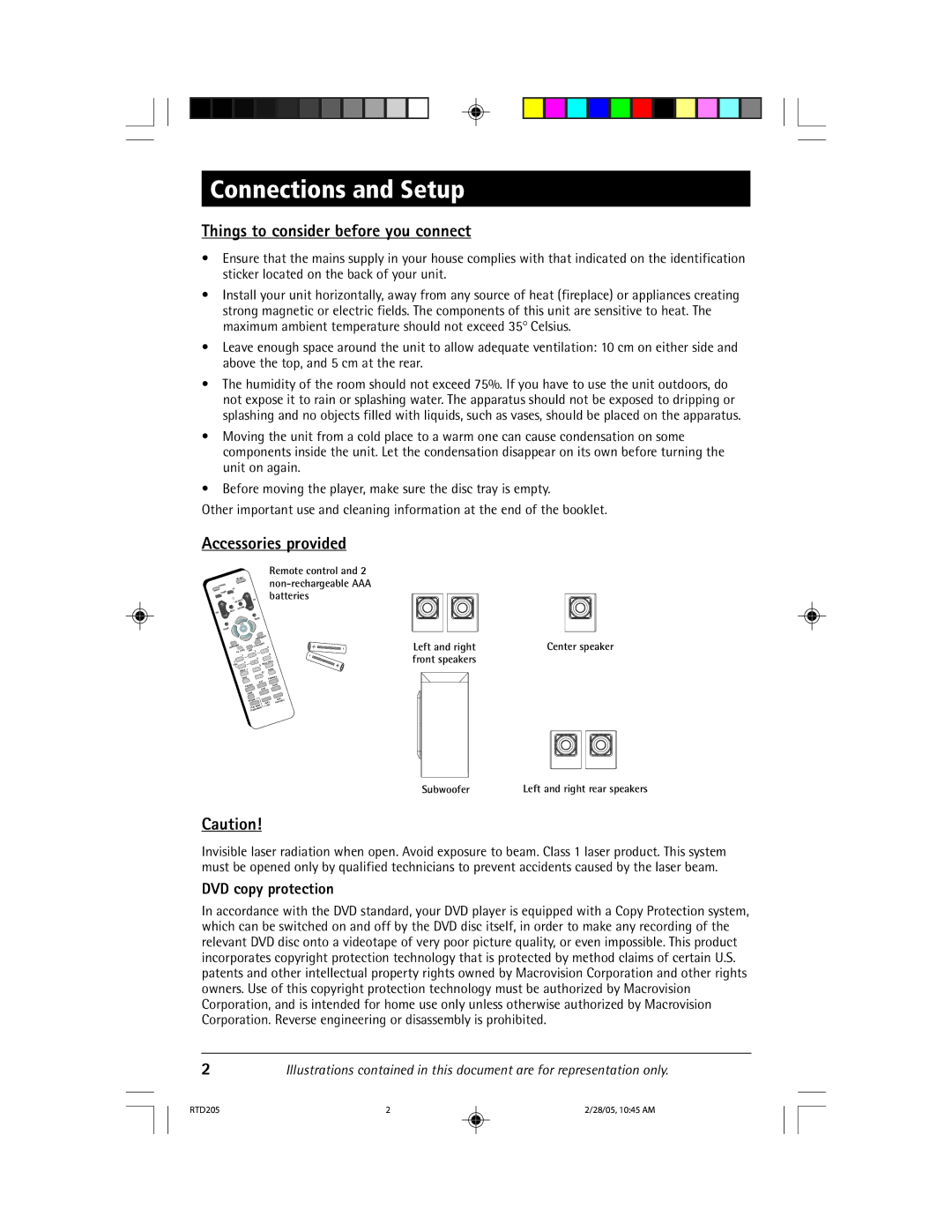 RCA RTD205 manual Connections and Setup, Things to consider before you connect, Accessories provided, DVD copy protection 