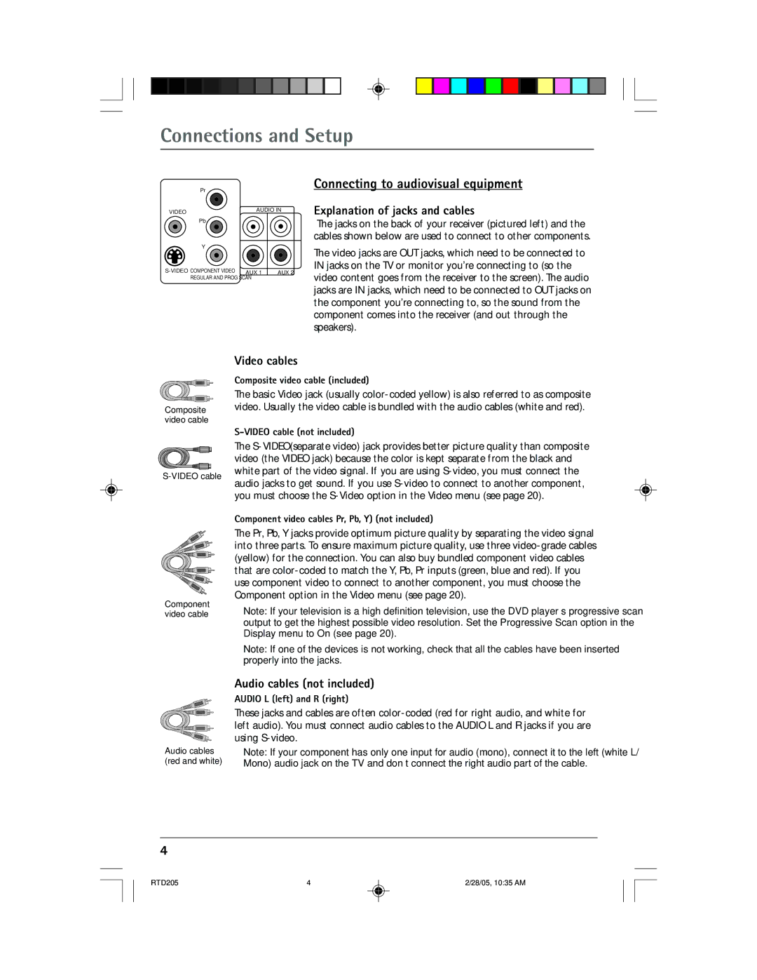 RCA RTD205 Connecting to audiovisual equipment, Explanation of jacks and cables, Video cables, Audio cables not included 