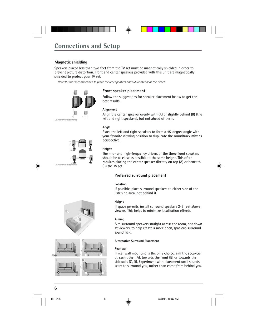 RCA RTD205 manual Magnetic shielding, Front speaker placement, Preferred surround placement 