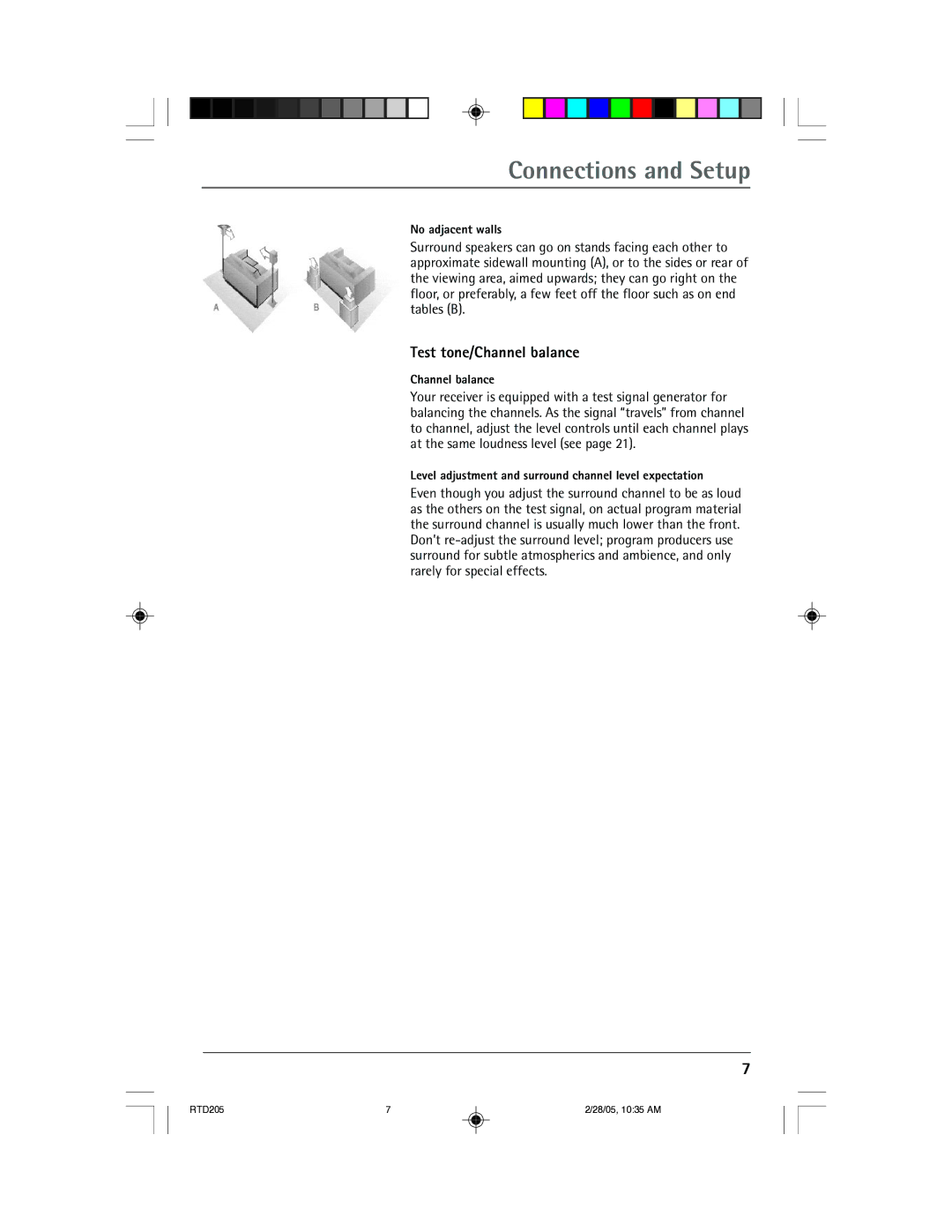 RCA RTD205 manual Test tone/Channel balance, No adjacent walls, Level adjustment and surround channel level expectation 