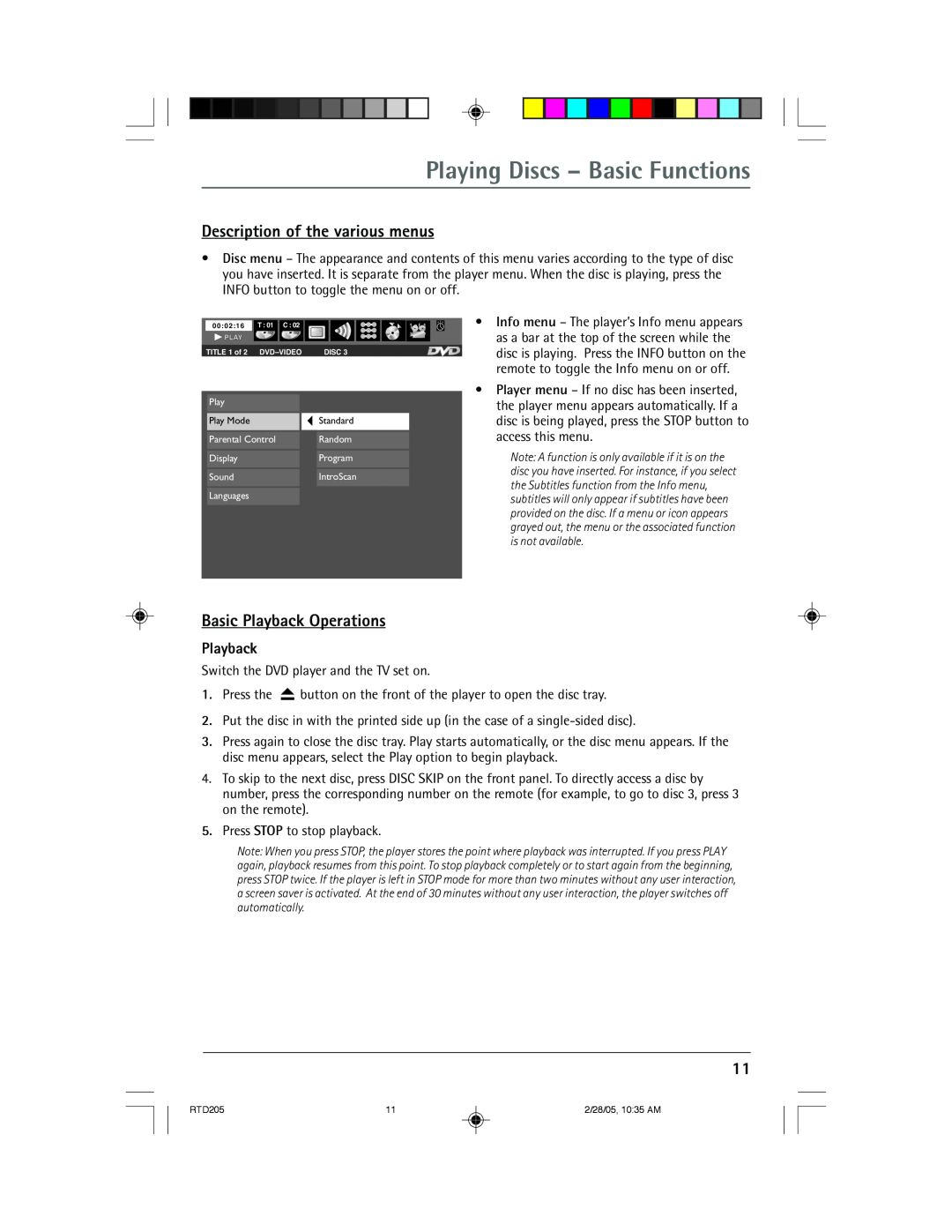 RCA RTD205 manual Playing Discs - Basic Functions, Description of the various menus, Basic Playback Operations 
