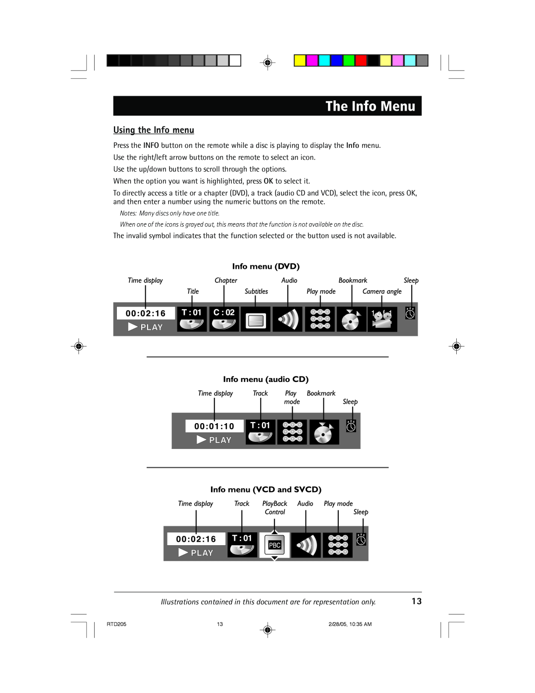 RCA RTD205 manual The Info Menu, Using the Info menu 
