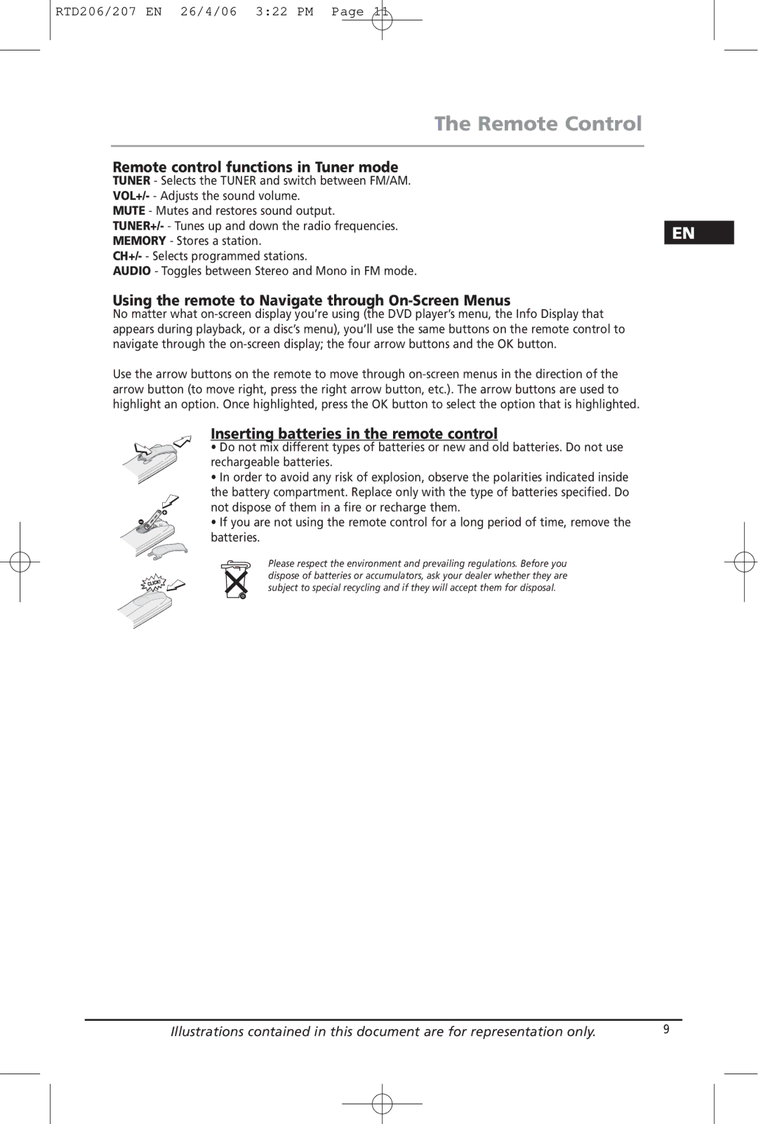 RCA RTD206 Remote Control, Remote control functions in Tuner mode, Using the remote to Navigate through On-Screen Menus 