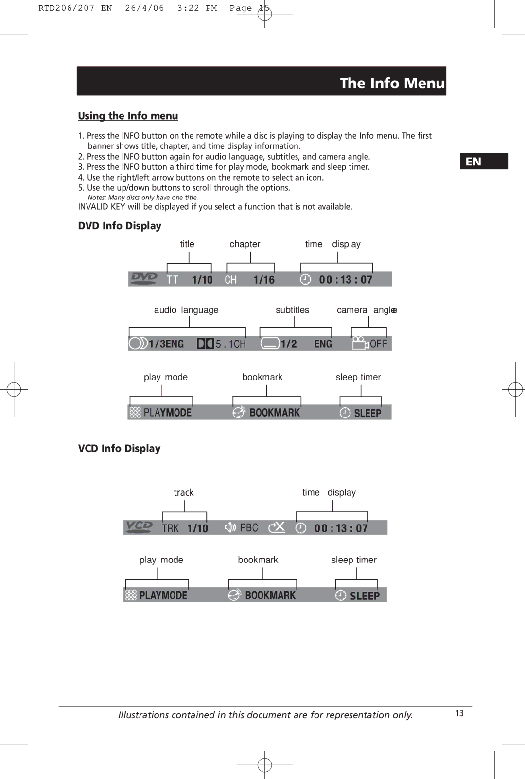 RCA RTD206, RTD207 manual Info Menu, Using the Info menu, DVD Info Display, VCD Info Display 