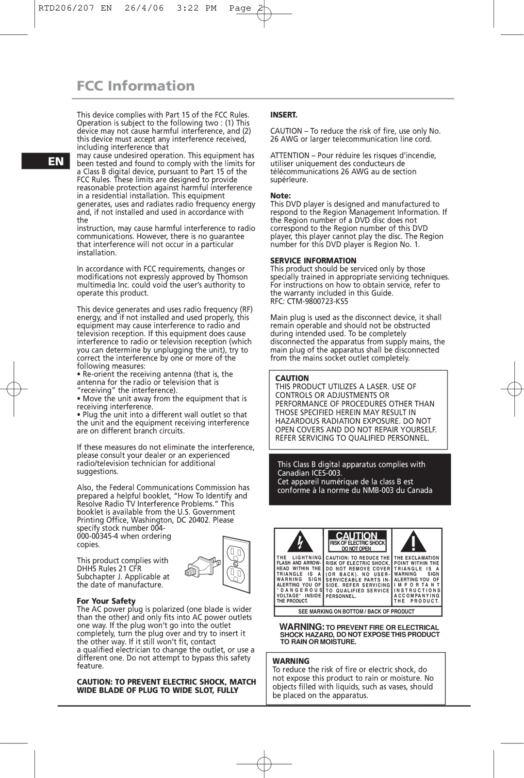 RCA RTD207, RTD206 manual FCC Information, For Your Safety 