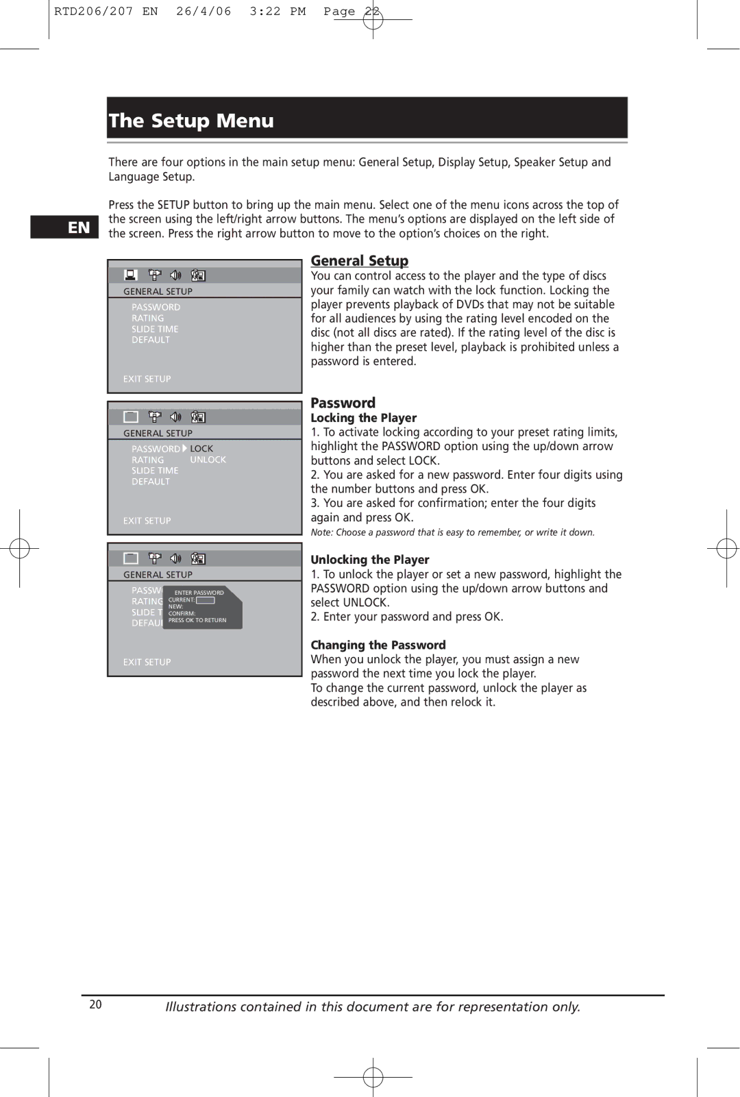 RCA RTD207, RTD206 manual Setup Menu, General Setup, Password 